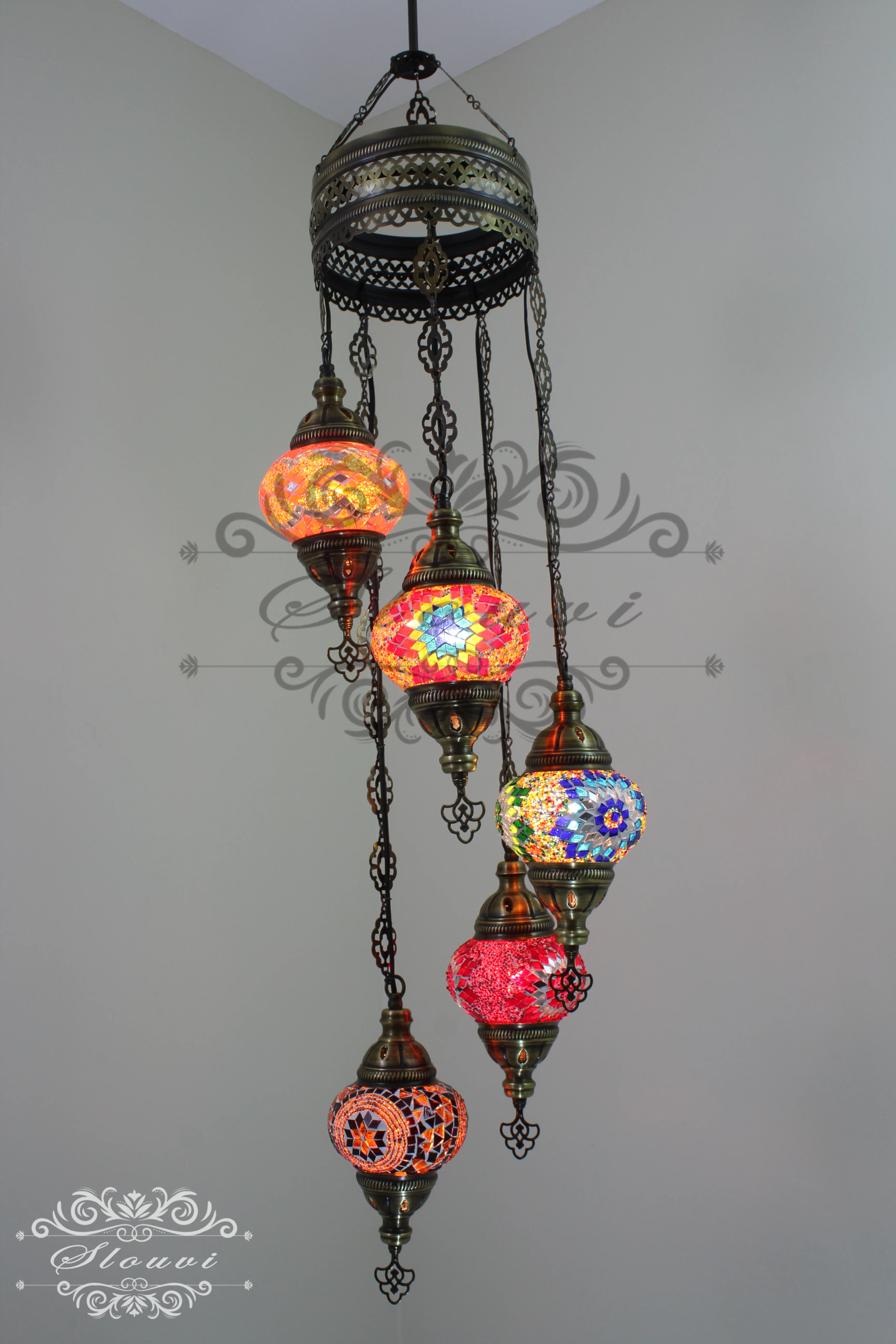 5 Ball Turkish Mosaic Chandelier - Water Drop Design with Medium Globes, ID: H05M-1 - Image 3