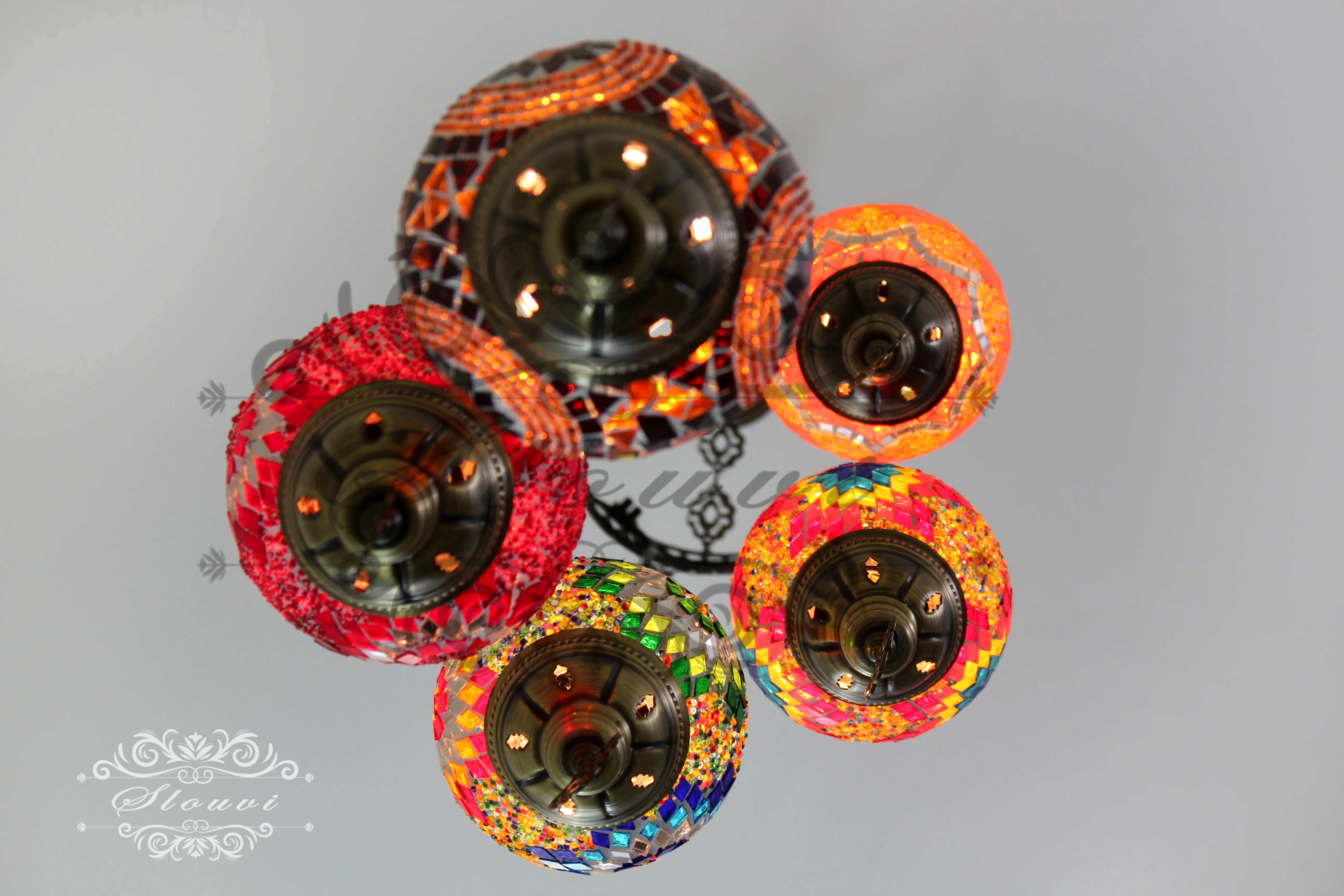 5 Ball Turkish Mosaic Chandelier - Water Drop Design with Medium Globes, ID: H05M-1 - Image 5