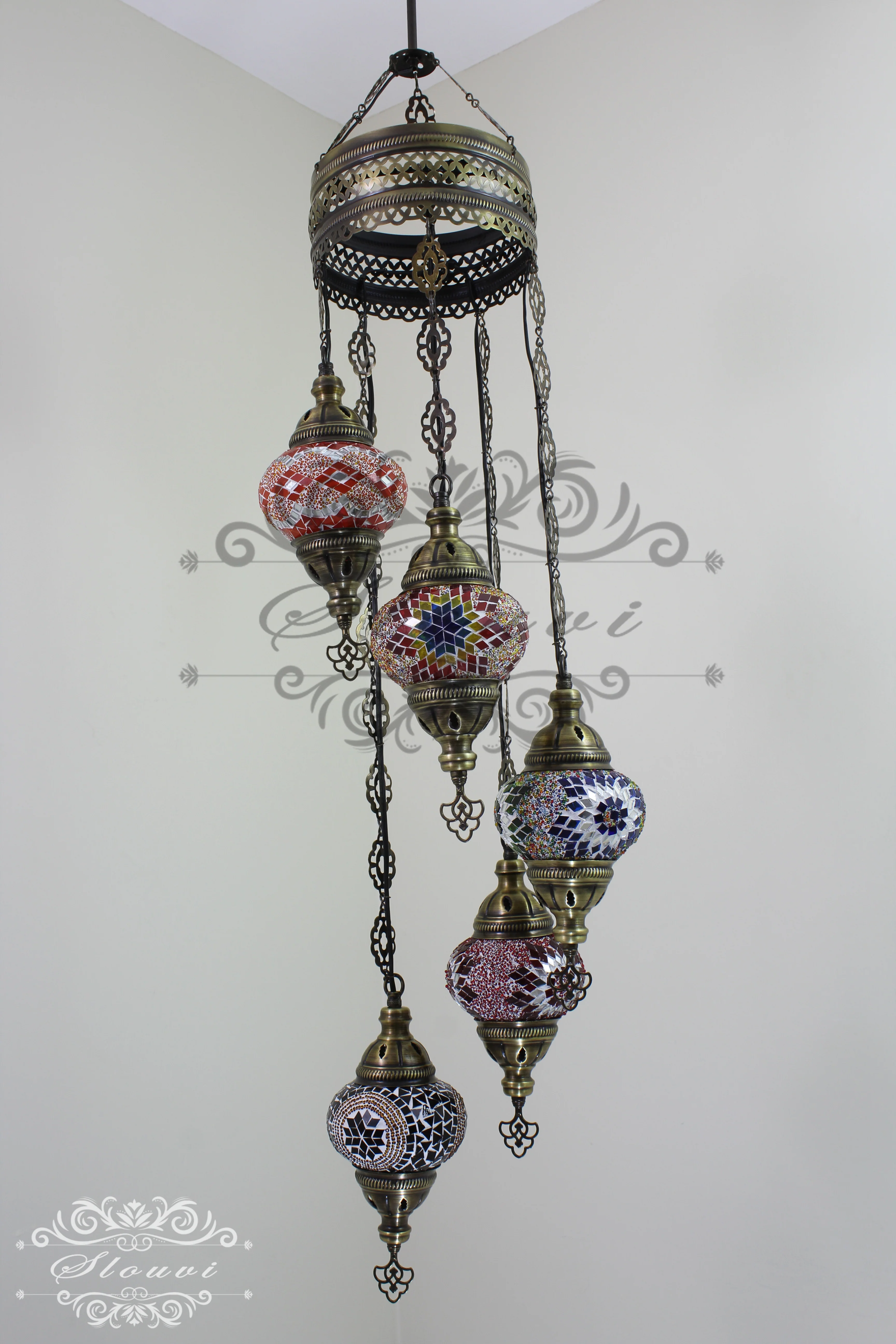 5 Ball Turkish Mosaic Chandelier - Water Drop Design with Medium Globes, ID: H05M-1 - Image 7