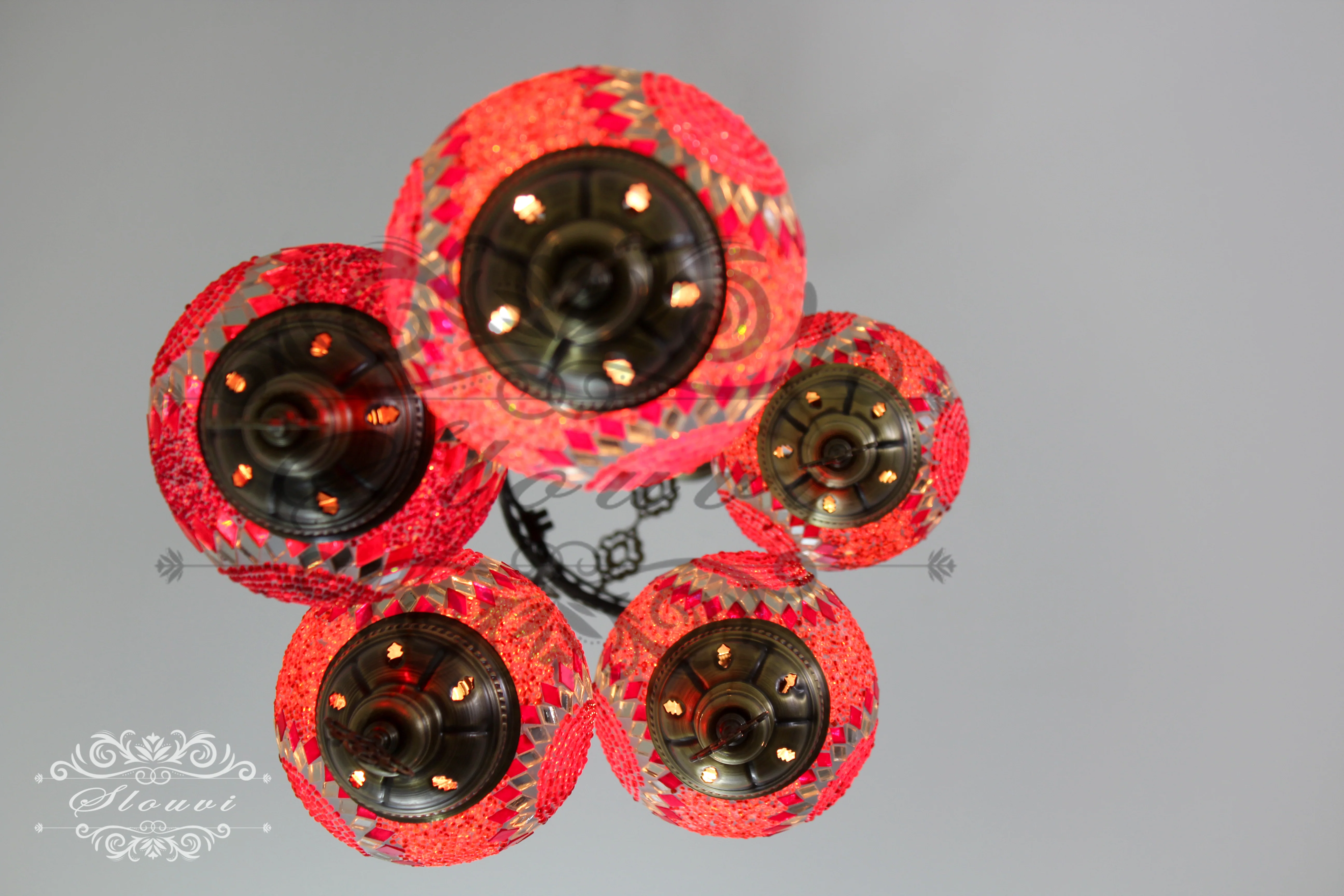 5 Ball Turkish Mosaic Chandelier - Water Drop Design with Medium Globes, ID: H05M-4 - Image 3