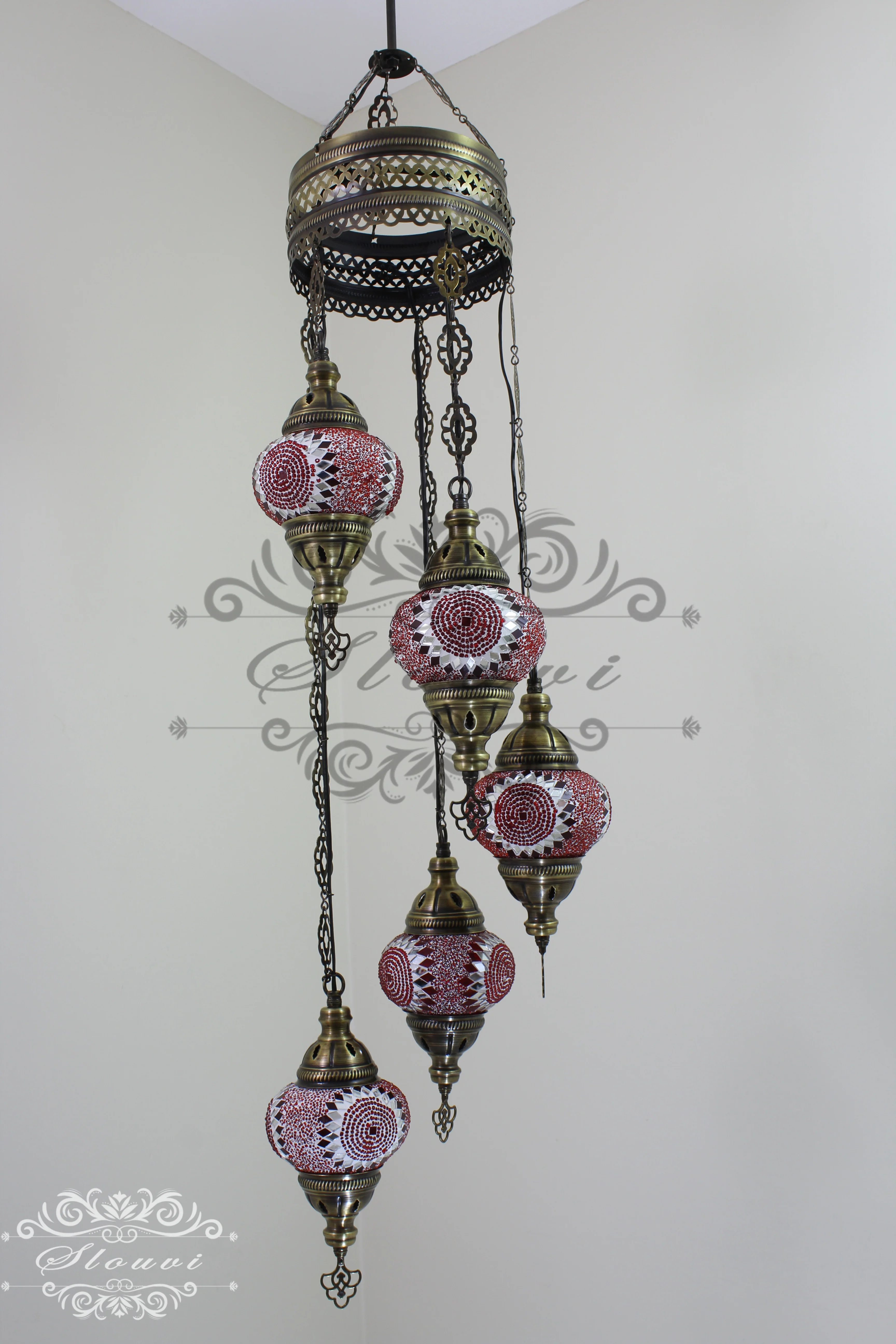 5 Ball Turkish Mosaic Chandelier - Water Drop Design with Medium Globes, ID: H05M-4 - Image 4