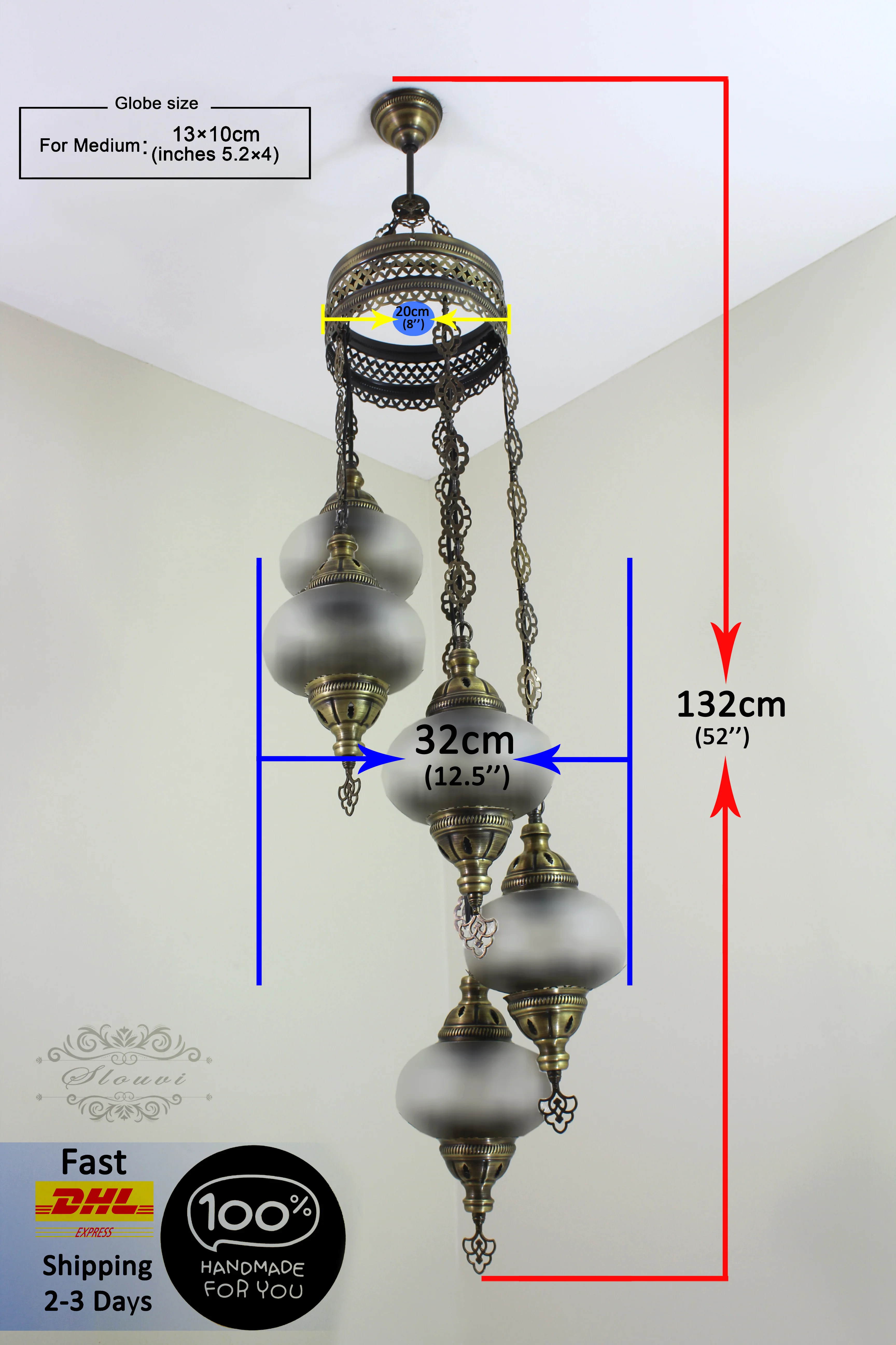 5 Ball Turkish Mosaic Chandelier - Water Drop Design with Medium Globes, ID: H05M-4 - Image 8