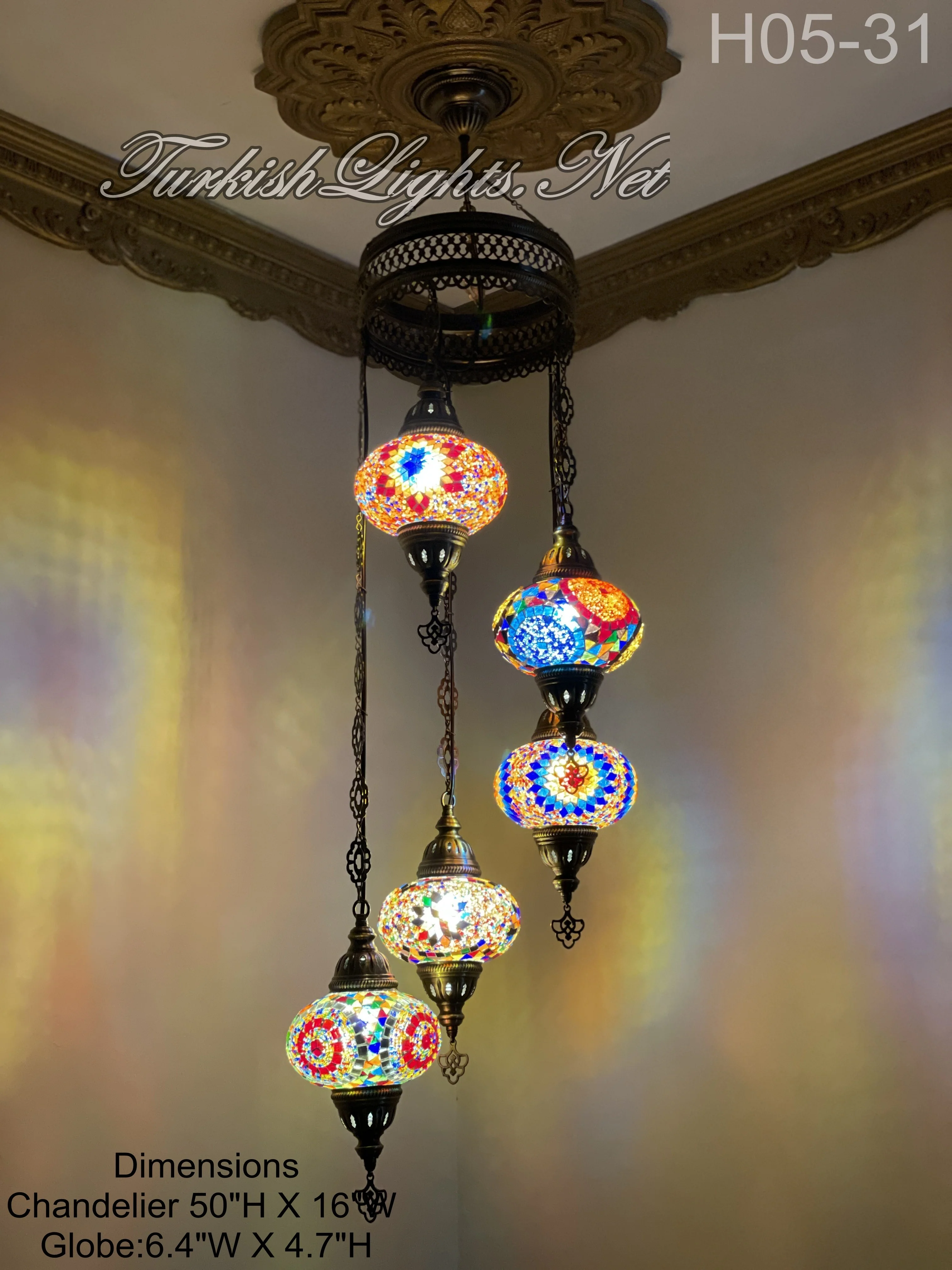 5 (L) BALL TURKISH WATER DROP MOSAIC CHANDELIER WİTH LARGE GLOBES 9 TO CHOOSE ID:H05L-ALL - Image 2