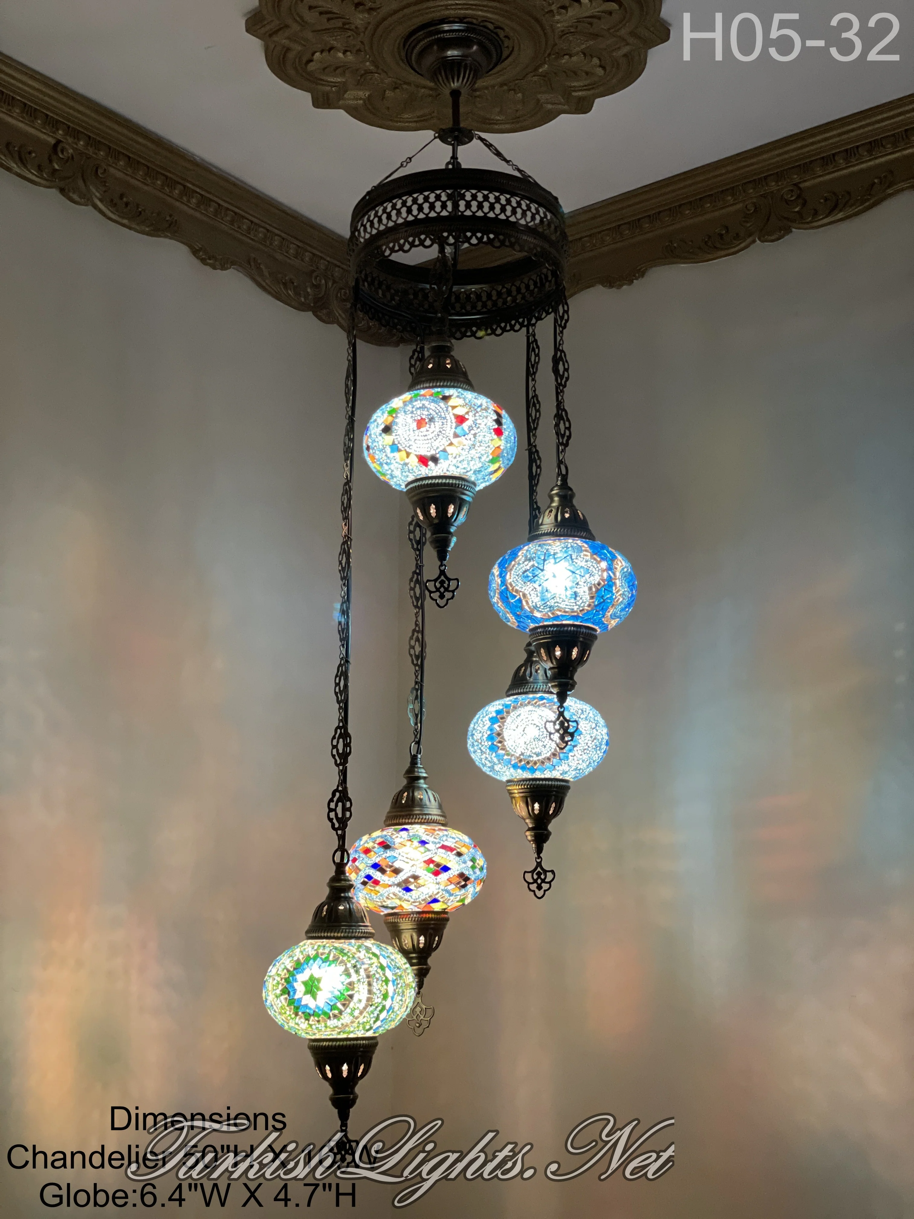 5 (L) BALL TURKISH WATER DROP MOSAIC CHANDELIER WİTH LARGE GLOBES 9 TO CHOOSE ID:H05L-ALL - Image 3