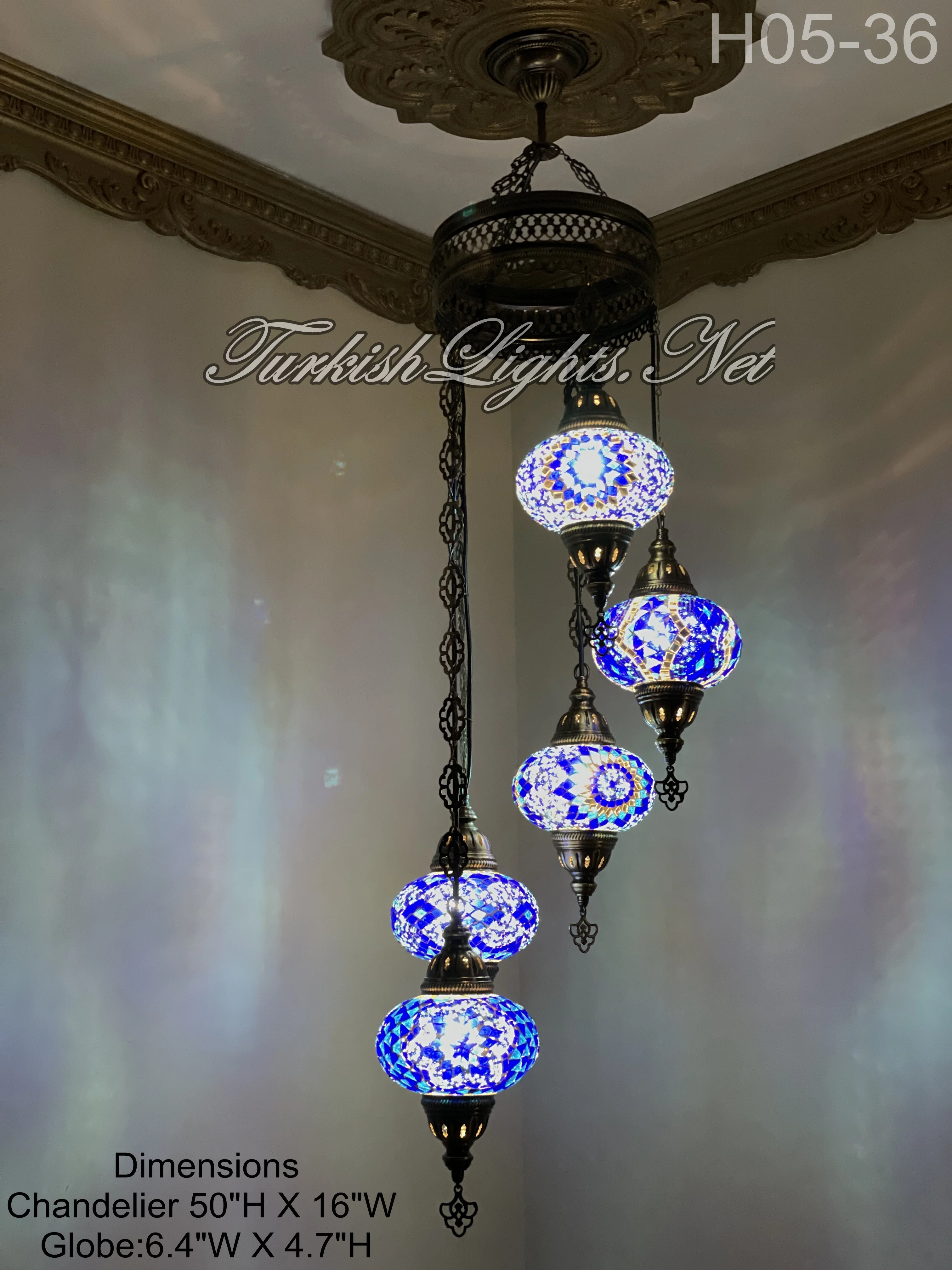 5 (L) BALL TURKISH WATER DROP MOSAIC CHANDELIER WİTH LARGE GLOBES 9 TO CHOOSE ID:H05L-ALL - Image 7