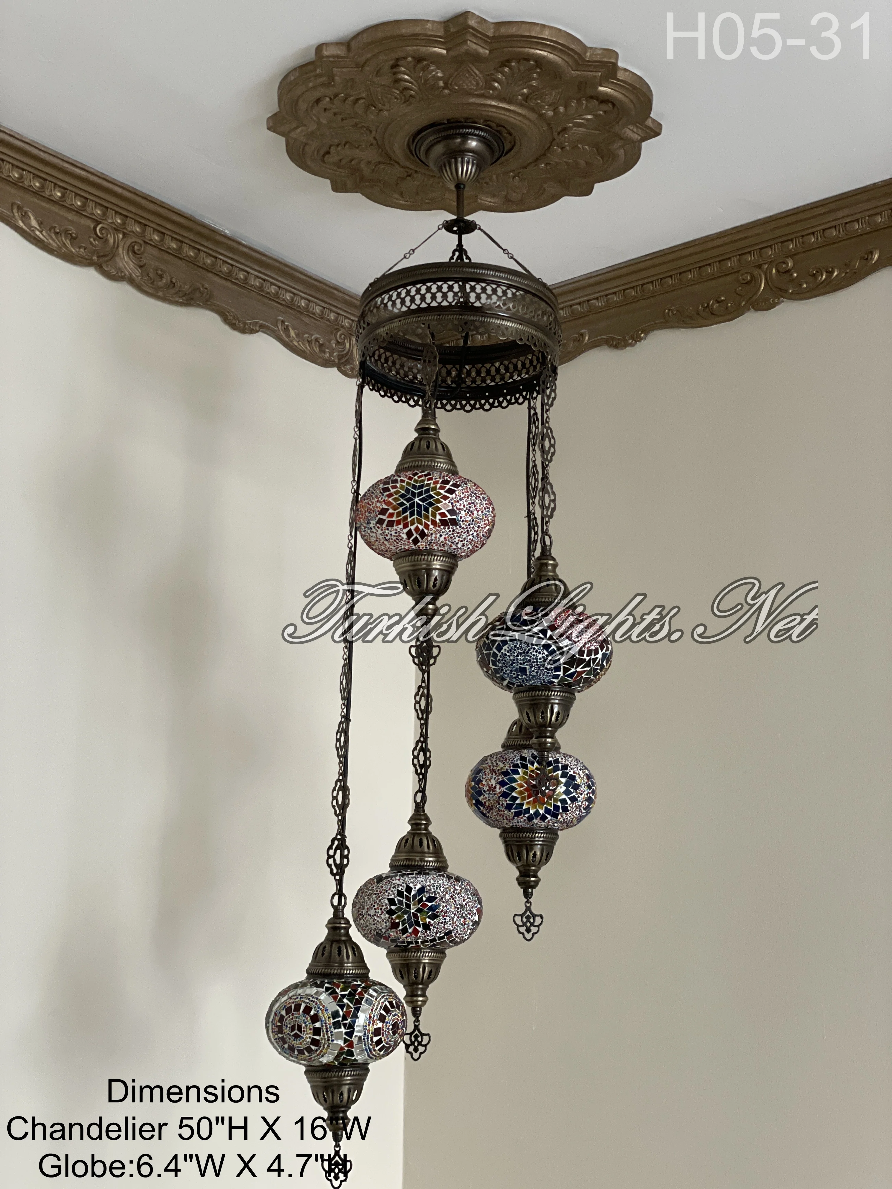 5 Ball Turkish Mosaic Chandelier - Water Drop Design with Large Globes, ID: H05L-31 - Image 3