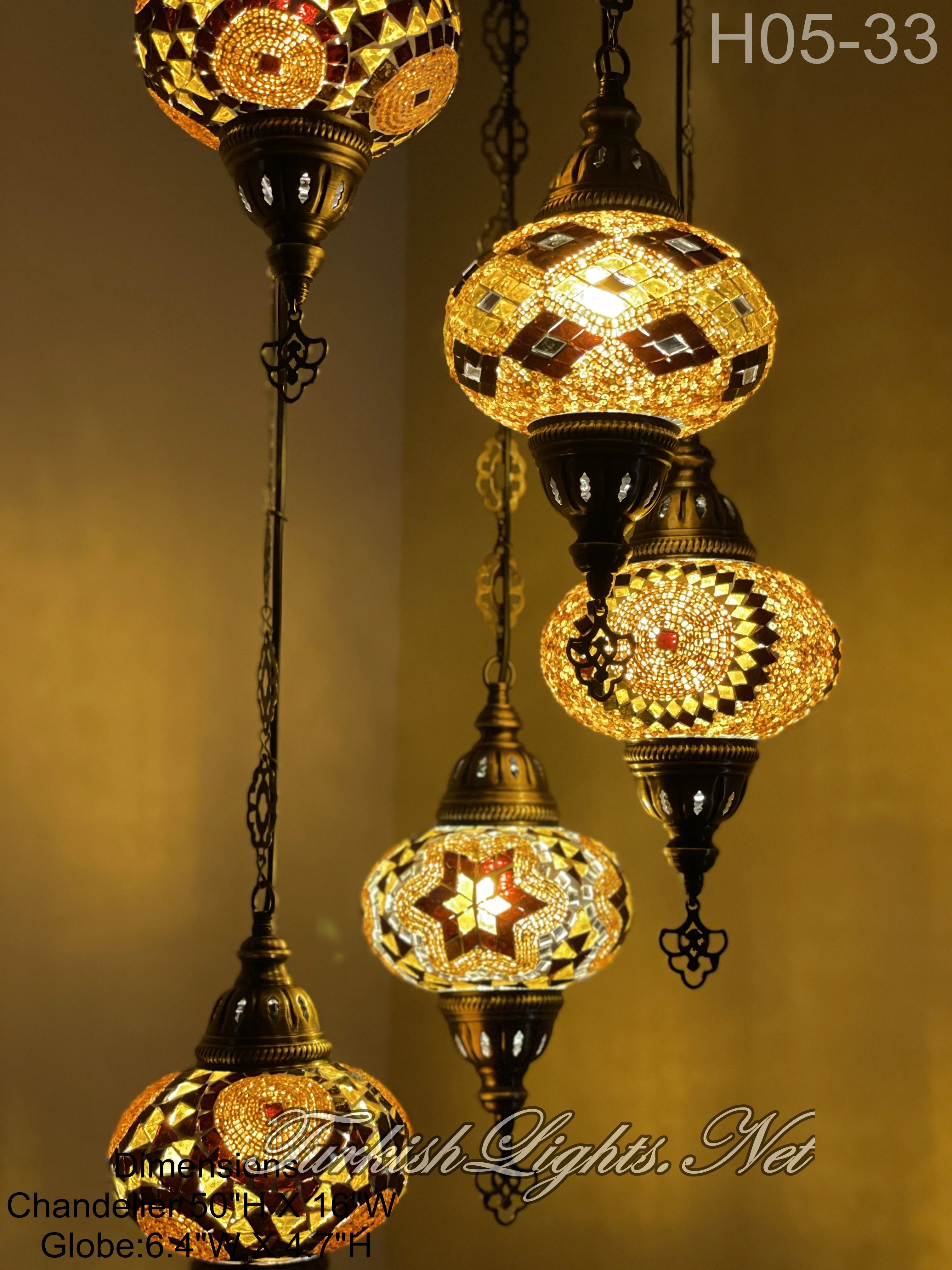 5 Ball Turkish Mosaic Chandelier - Water Drop Design with Large Globes, ID: H05L-33 - Image 2
