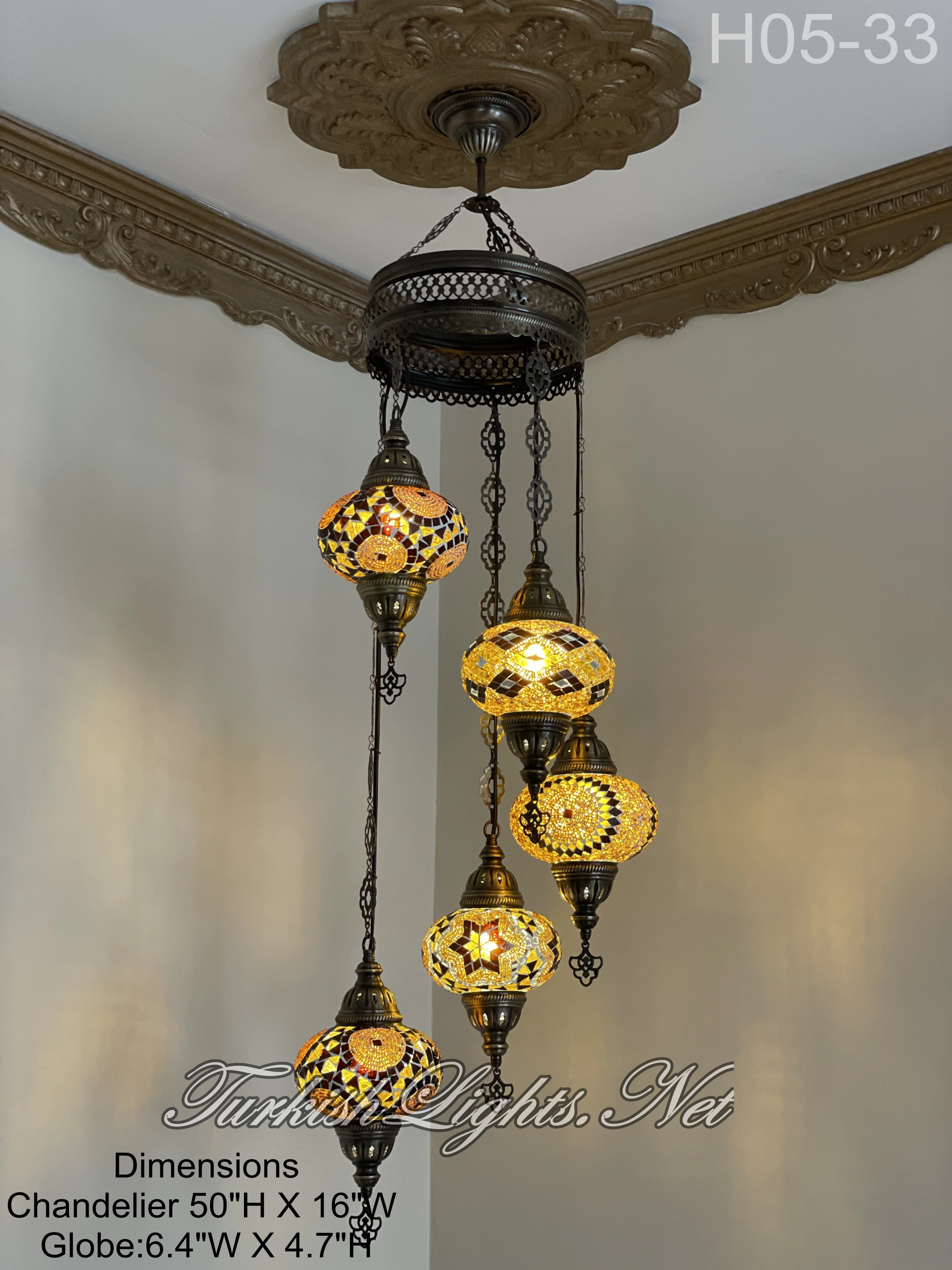 5 Ball Turkish Mosaic Chandelier - Water Drop Design with Large Globes, ID: H05L-33 - Image 4