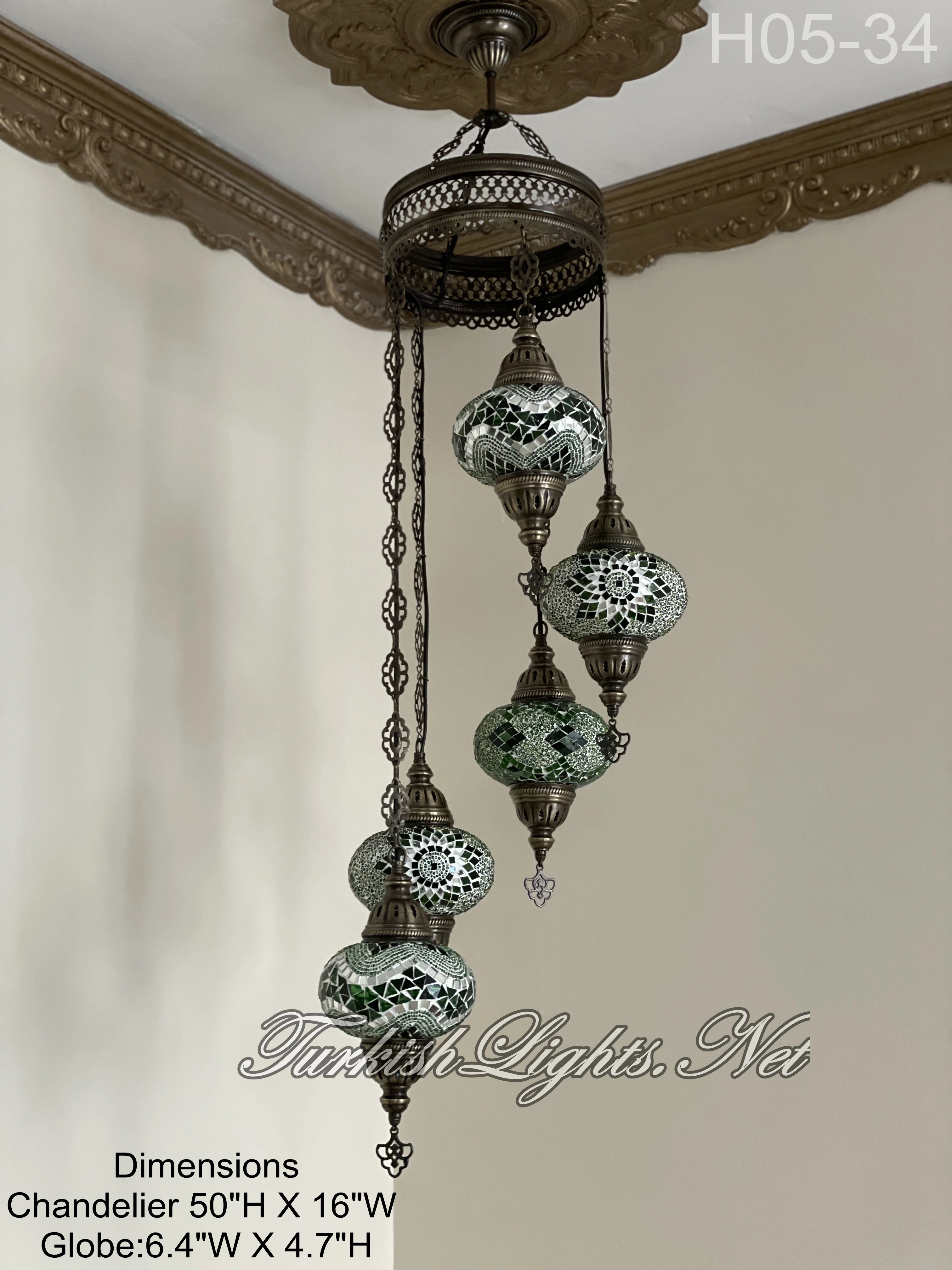 5 Ball Turkish Mosaic Chandelier - Water Drop Design with Large Globes, ID: H05L-34 - Image 3