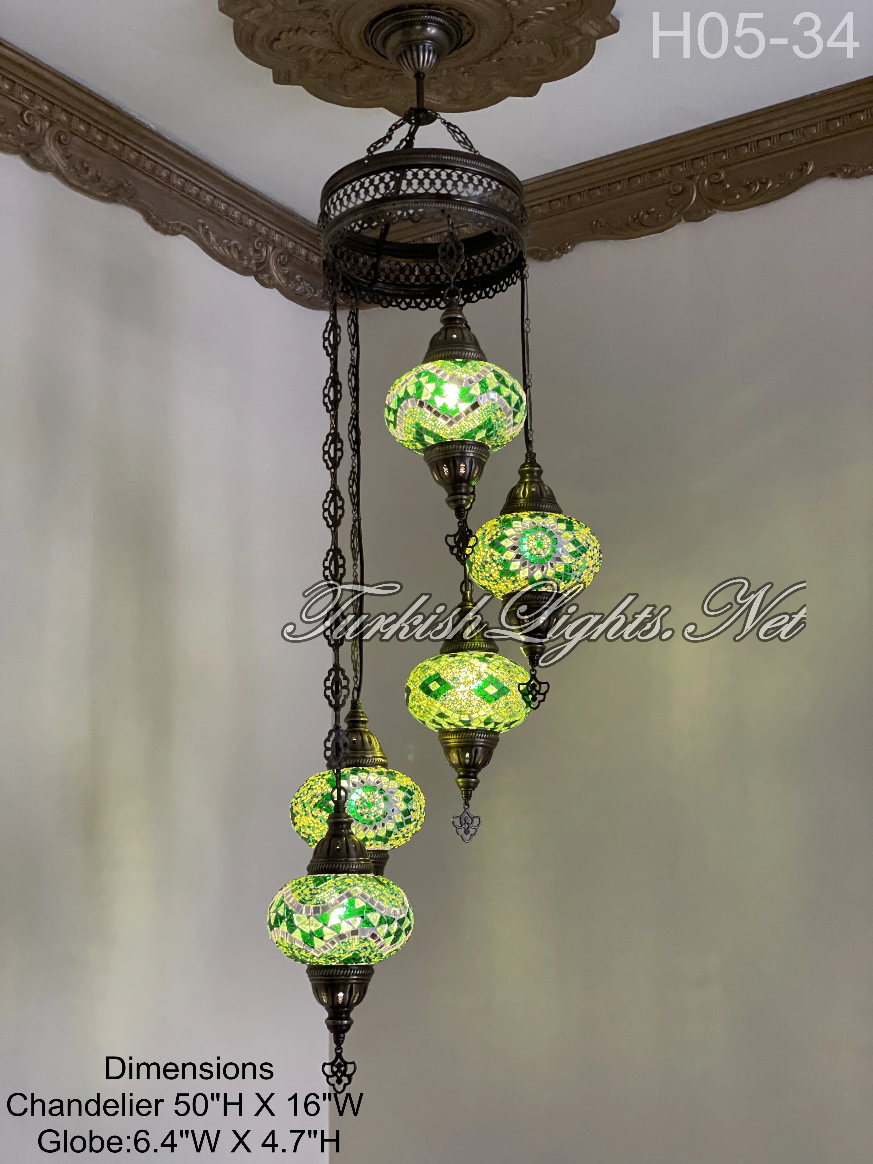 5 Ball Turkish Mosaic Chandelier - Water Drop Design with Large Globes, ID: H05L-34 - Image 4