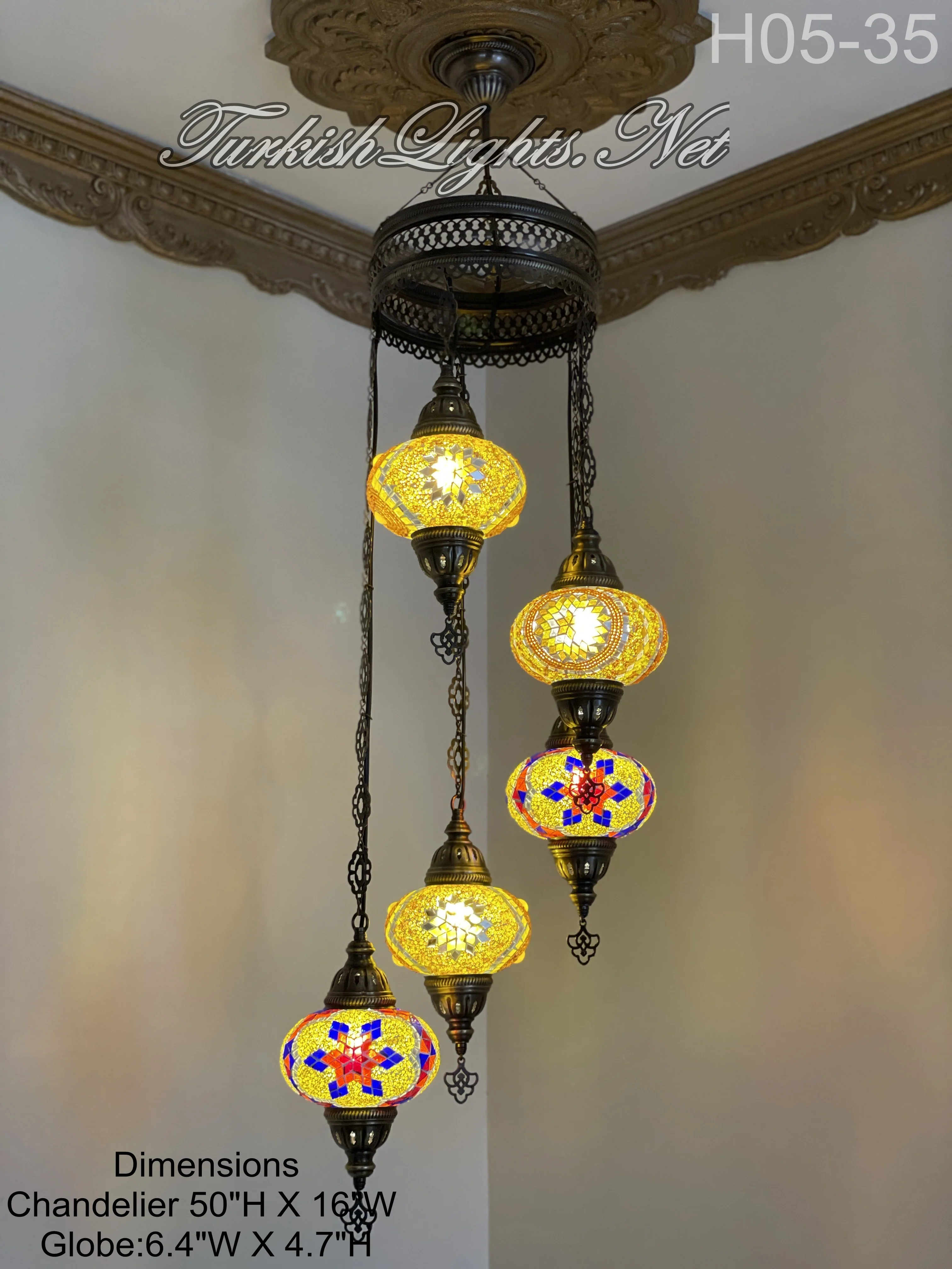 5 Ball Turkish Mosaic Chandelier - Water Drop Design with Large Globes, ID: H05L-35 - Image 4