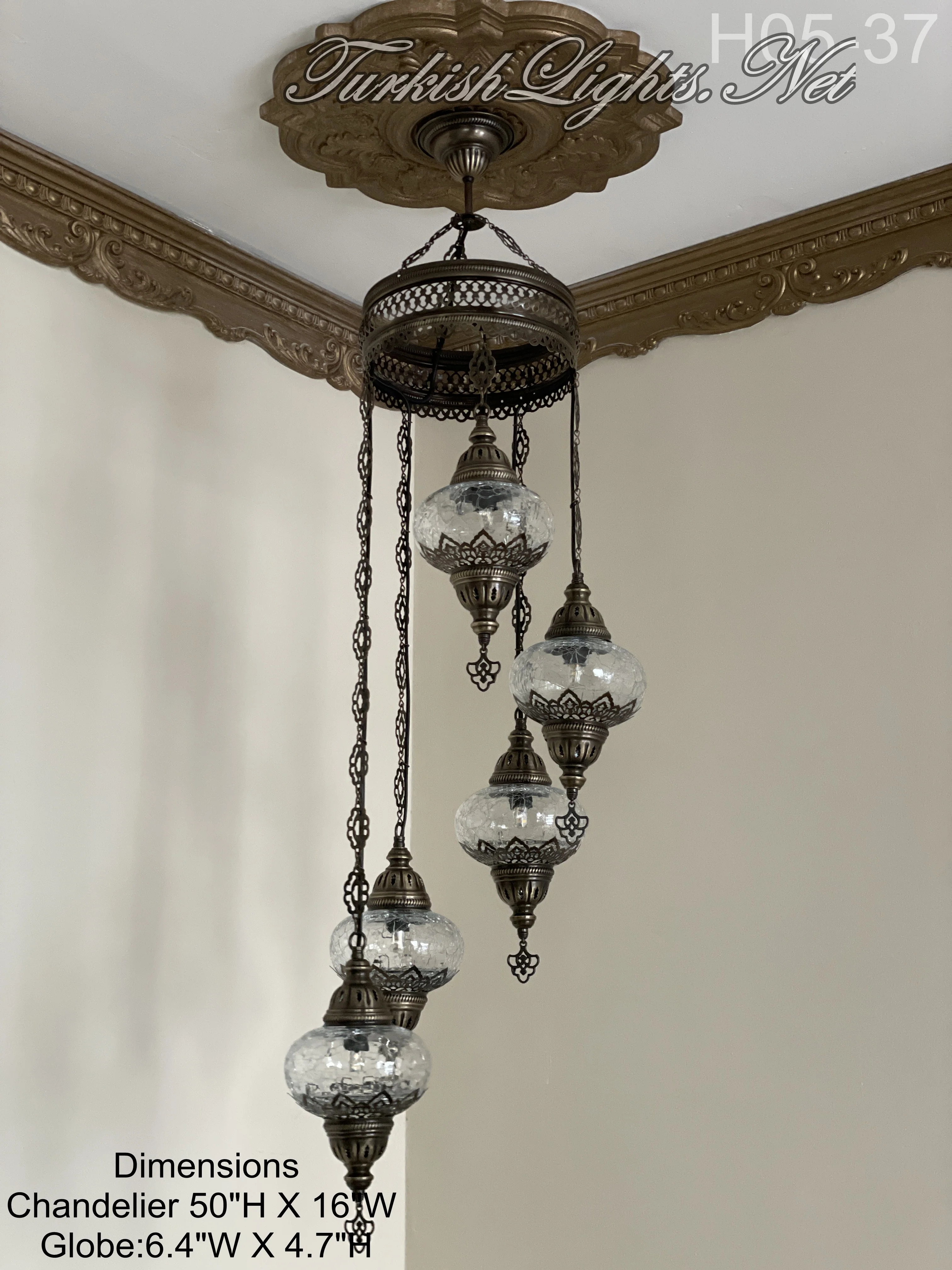 5 Ball Turkish Mosaic Chandelier - Water Drop Design with Large Globes, ID: H05L-37 - Image 3