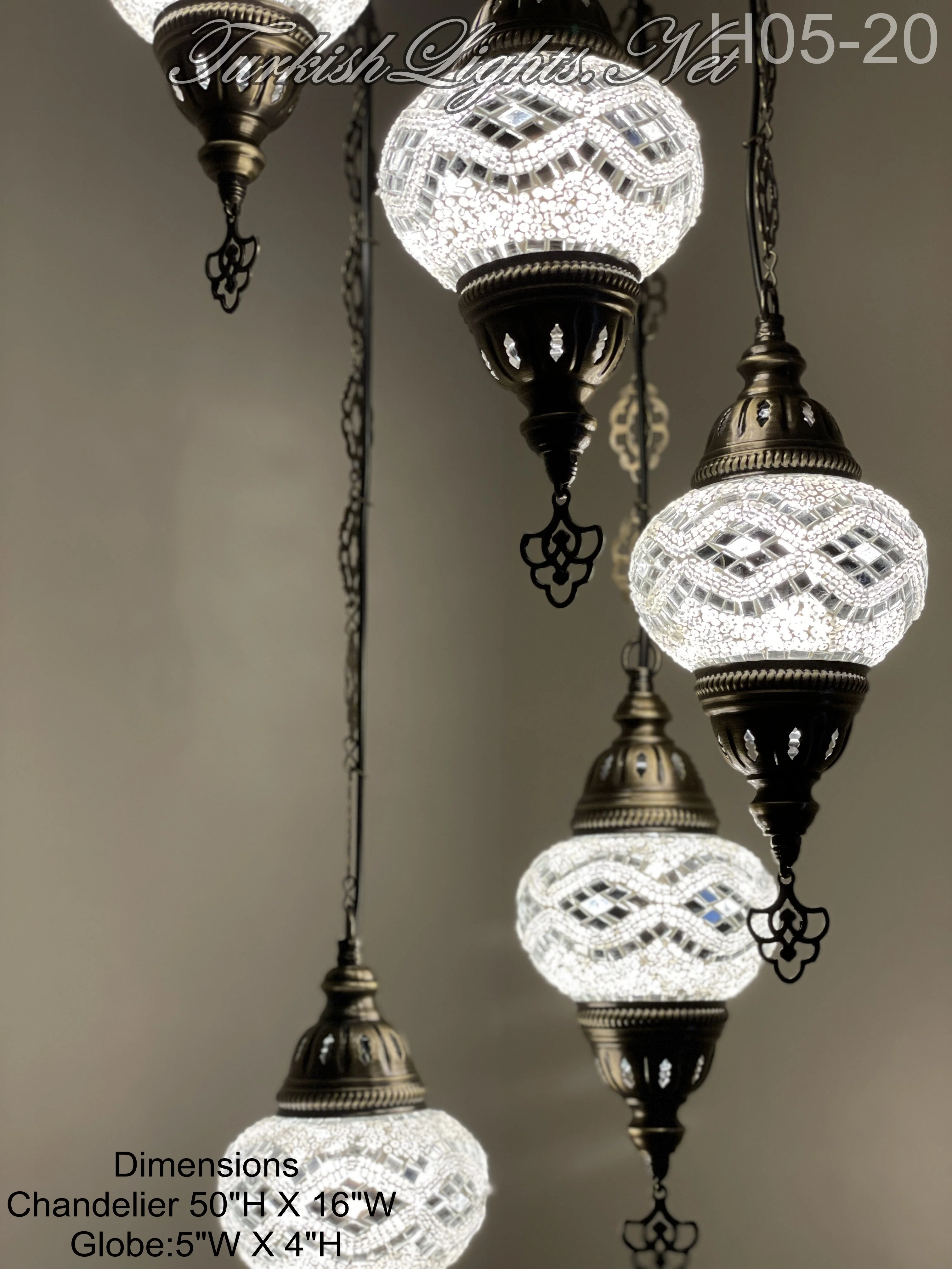 5 Ball Turkish Mosaic Chandelier - Water Drop Design with Medium Globes, ID: H05M-20 - Image 2