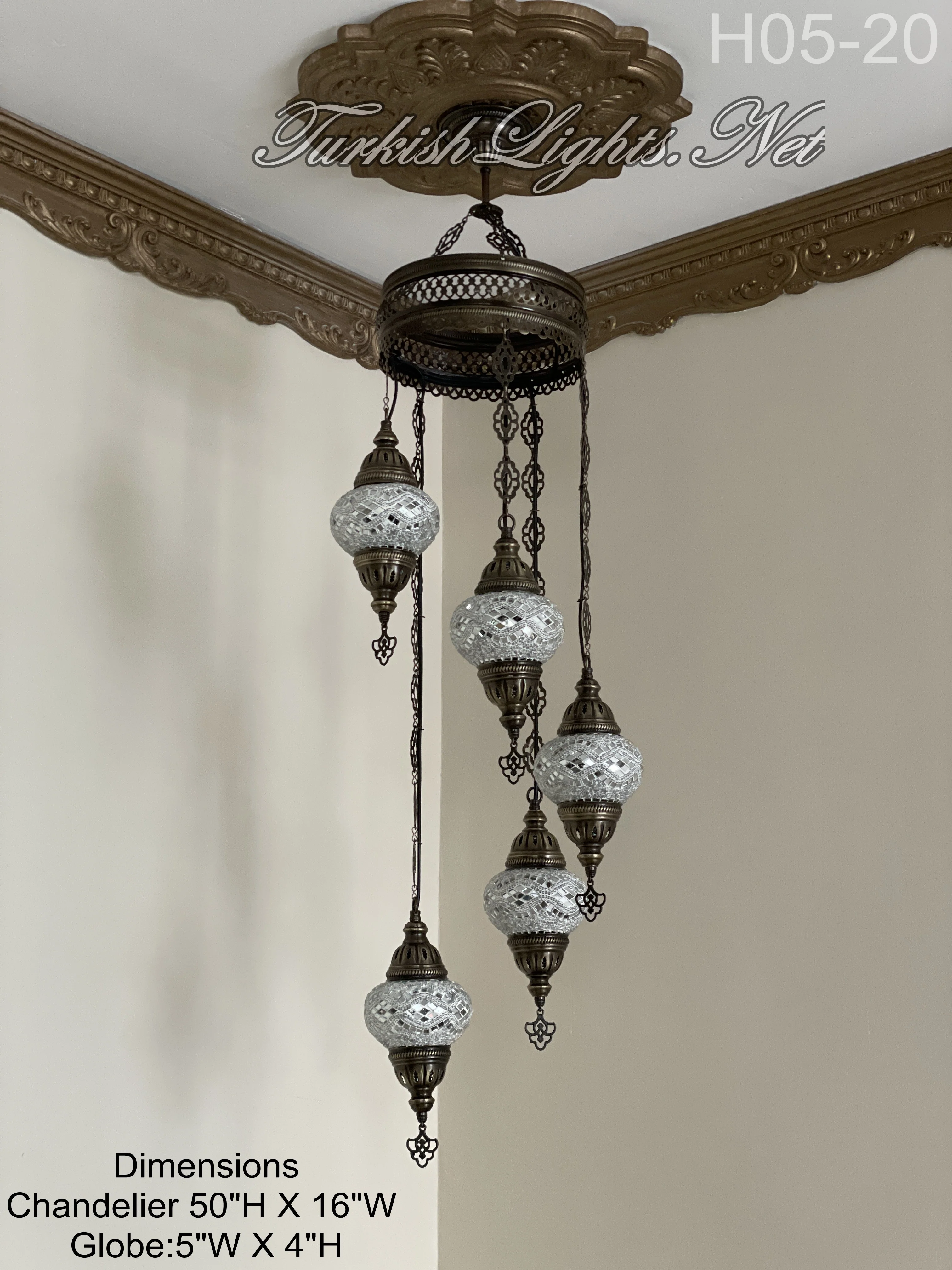 5 Ball Turkish Mosaic Chandelier - Water Drop Design with Medium Globes, ID: H05M-20 - Image 3