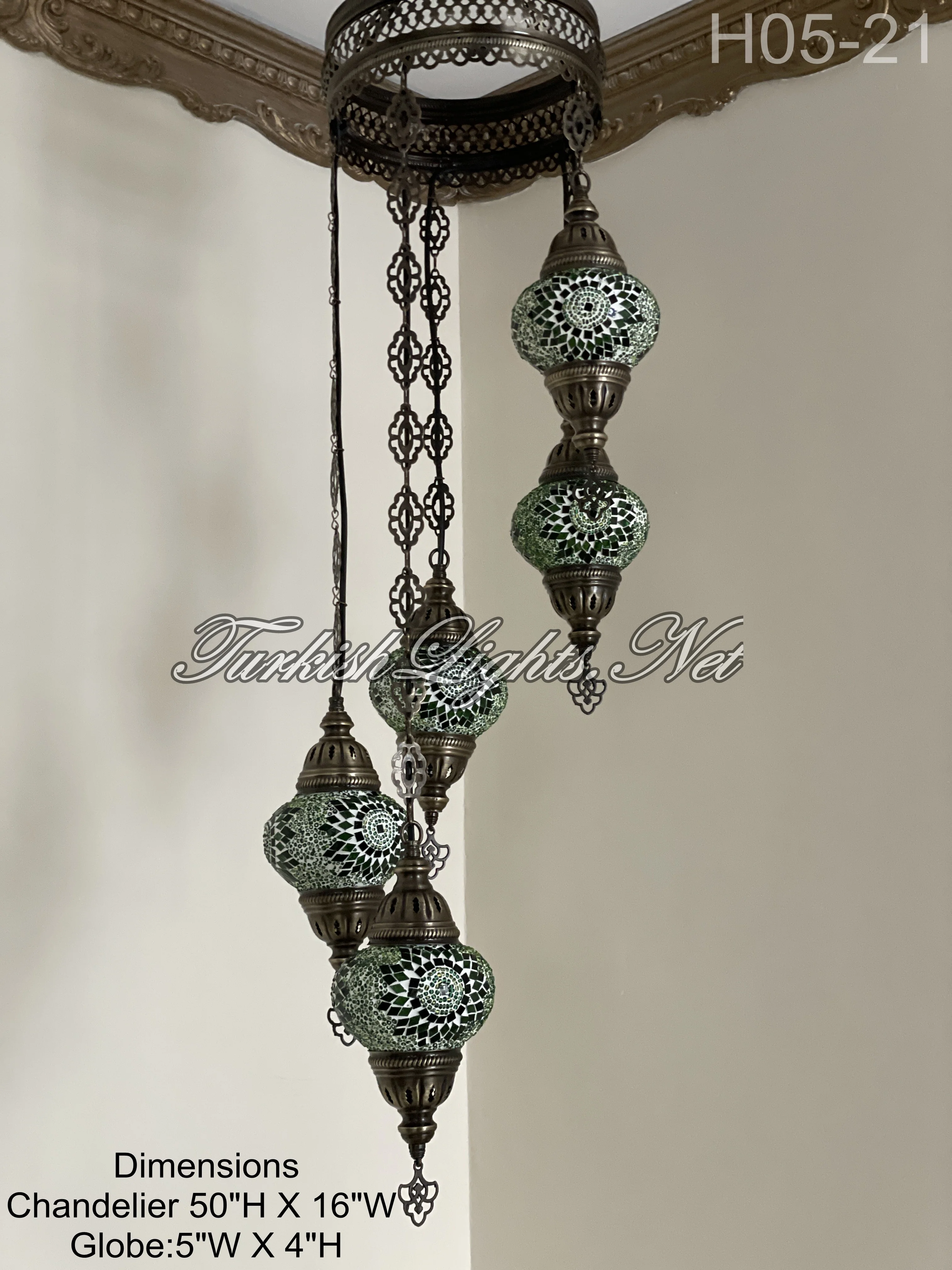 5 Ball Turkish Mosaic Chandelier - Water Drop Design with Medium Globes, ID: H05M-21 - Image 4