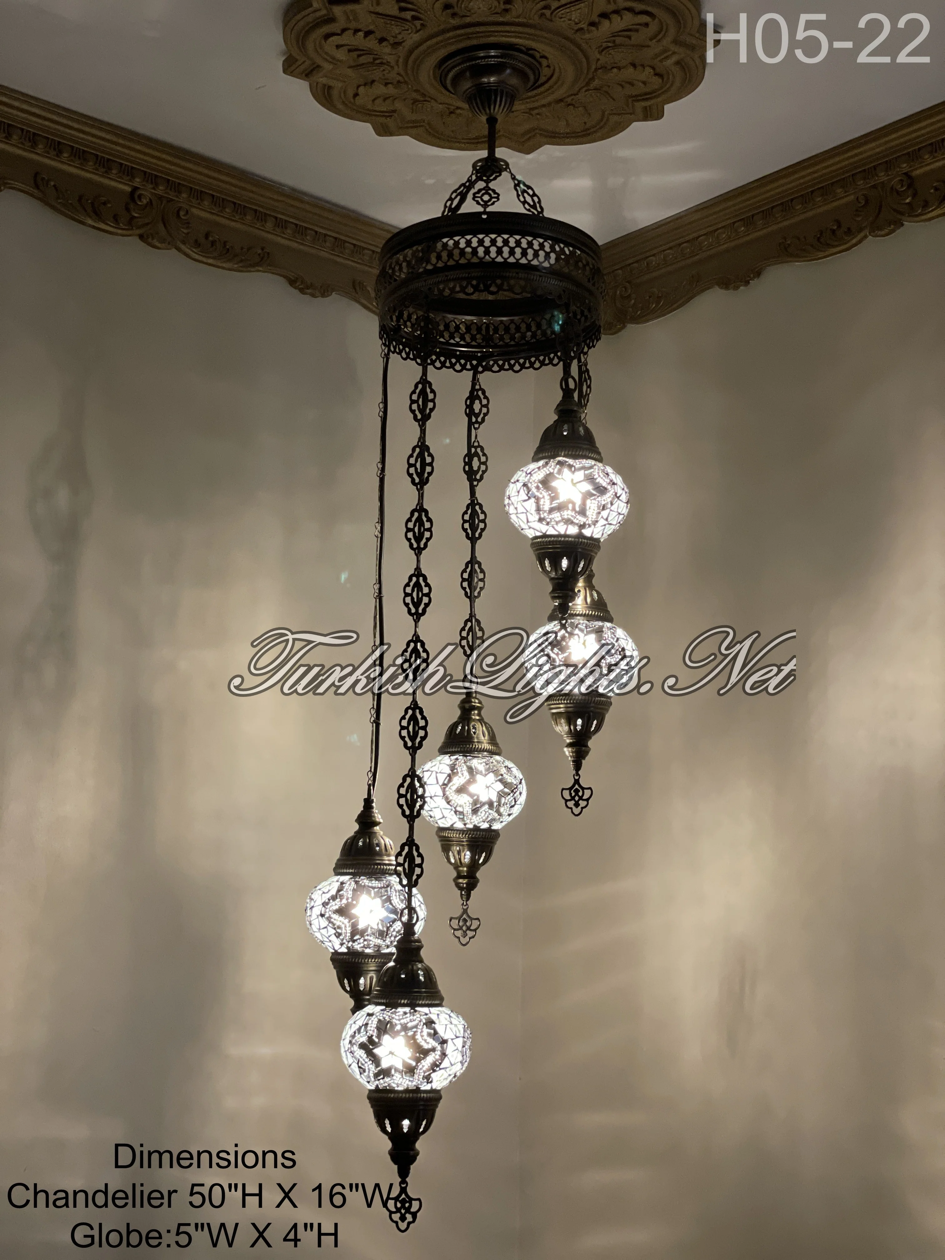5 Ball Turkish Mosaic Chandelier - Water Drop Design with Medium Globes, ID: H05M-22