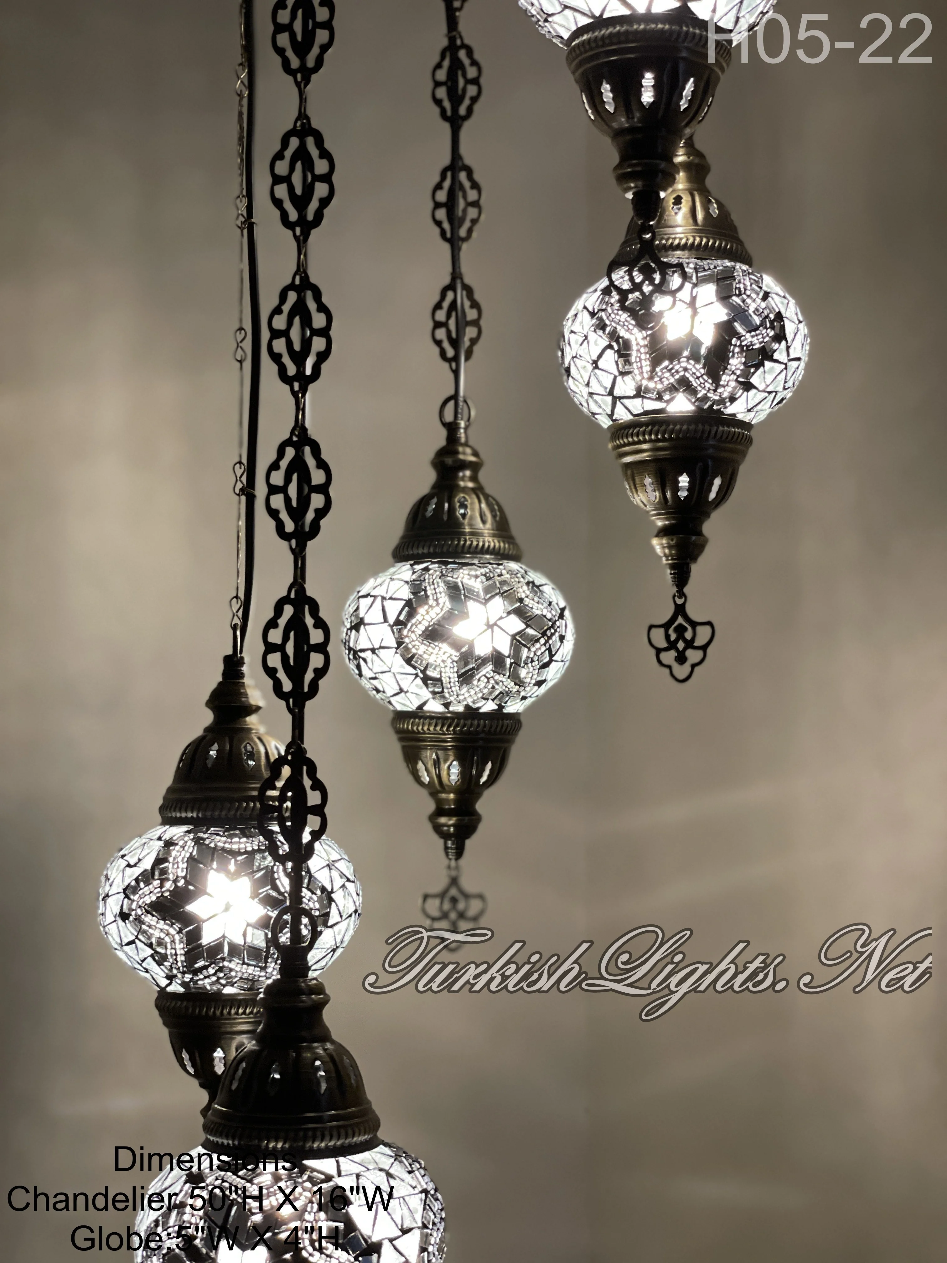 5 Ball Turkish Mosaic Chandelier - Water Drop Design with Medium Globes, ID: H05M-22 - Image 2