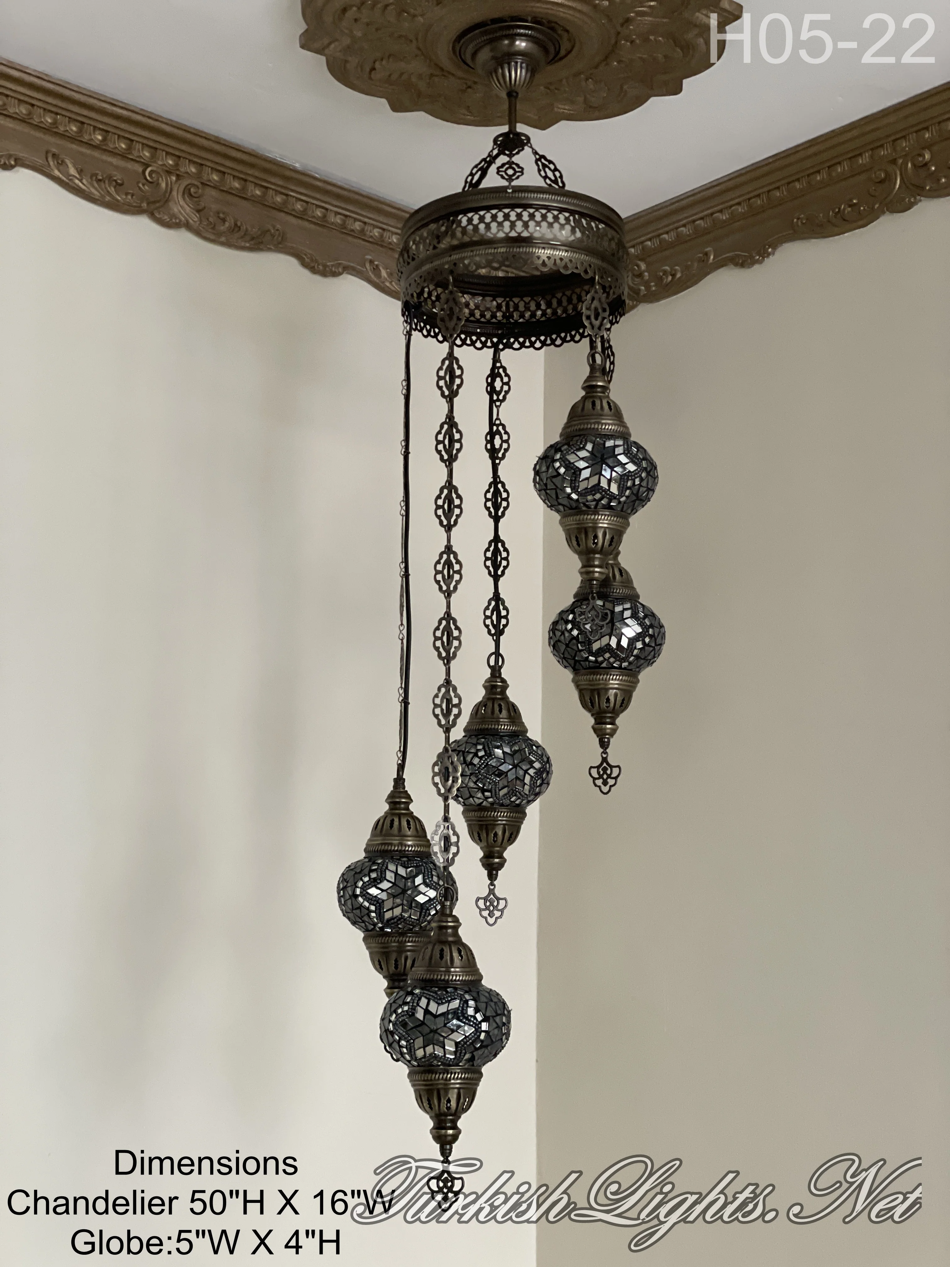 5 Ball Turkish Mosaic Chandelier - Water Drop Design with Medium Globes, ID: H05M-22 - Image 3