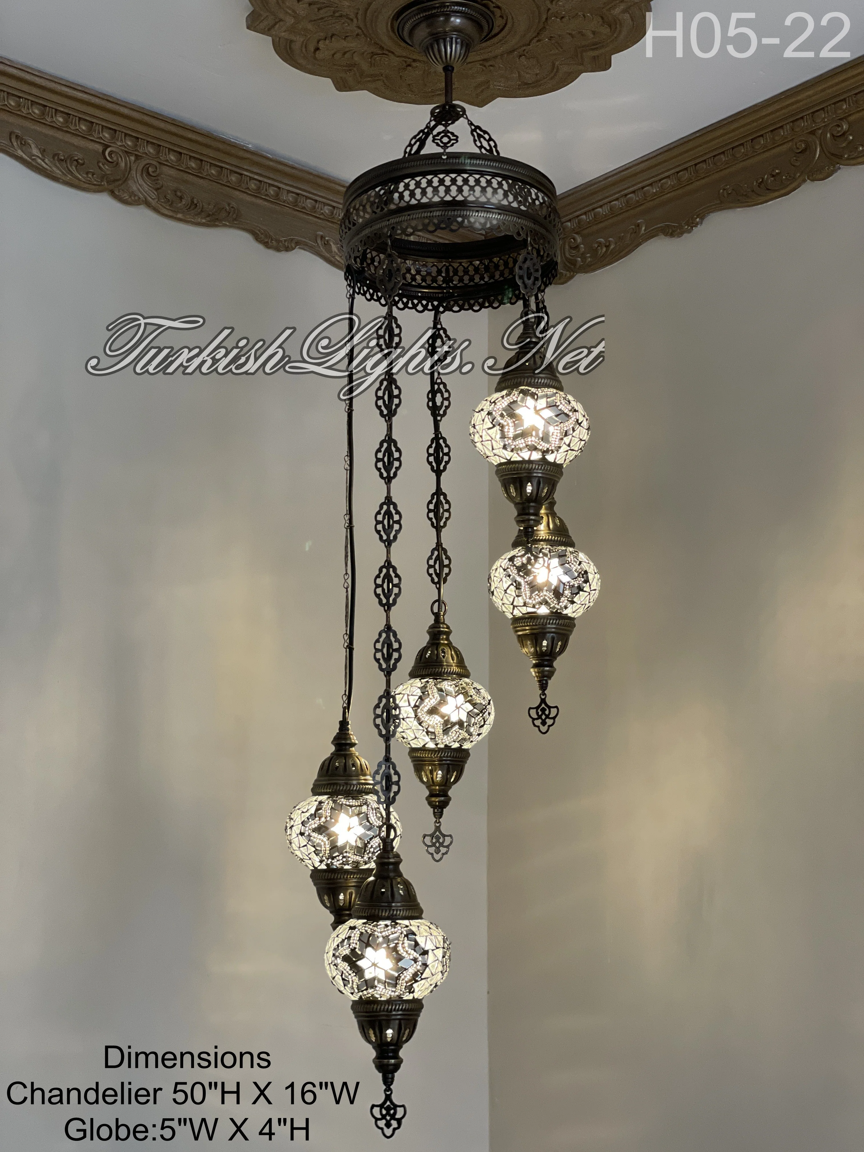 5 Ball Turkish Mosaic Chandelier - Water Drop Design with Medium Globes, ID: H05M-22 - Image 4