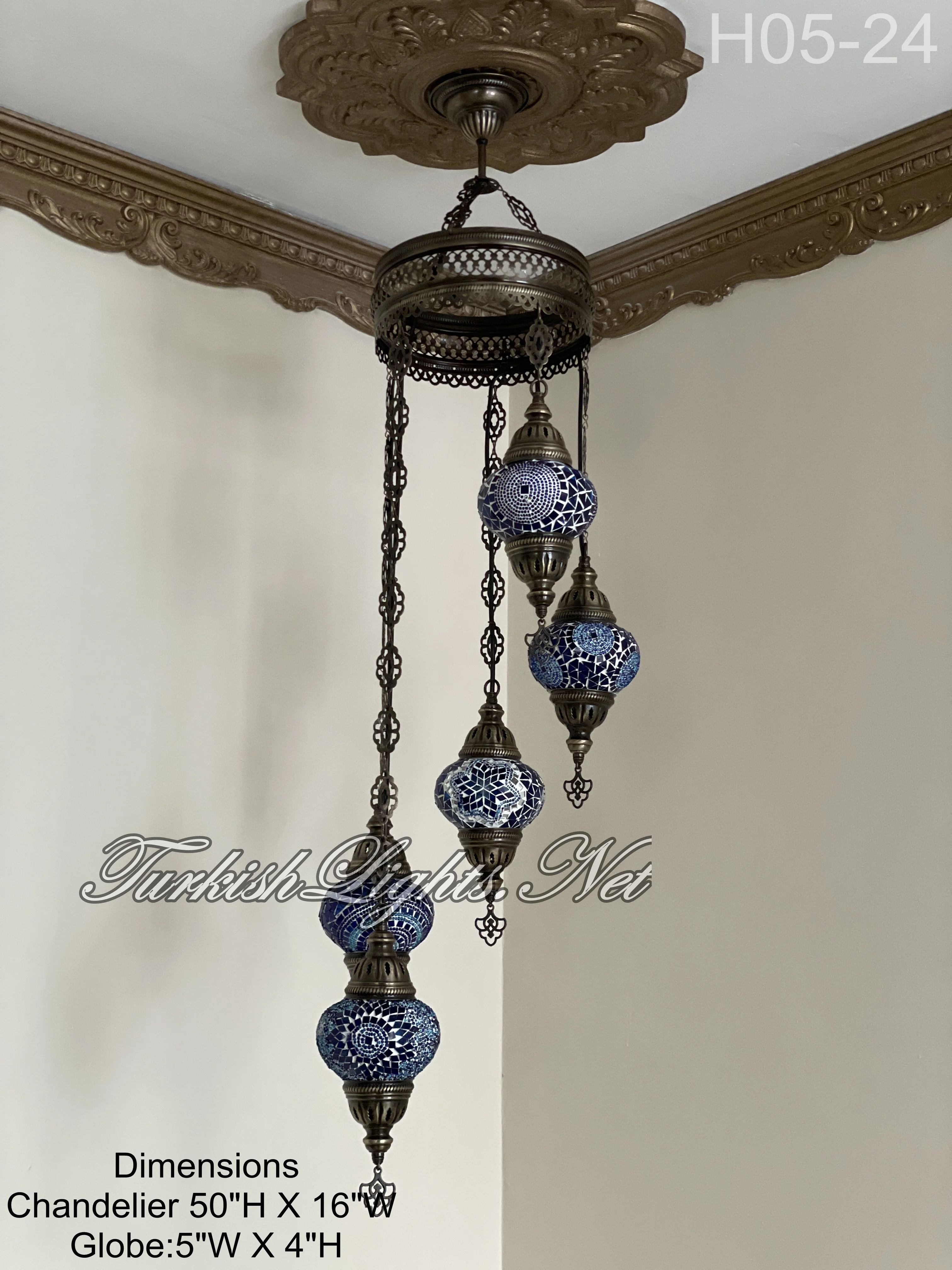 5 Ball Turkish Mosaic Chandelier - Water Drop Design with Medium Globes, ID: H05M-24 - Image 3