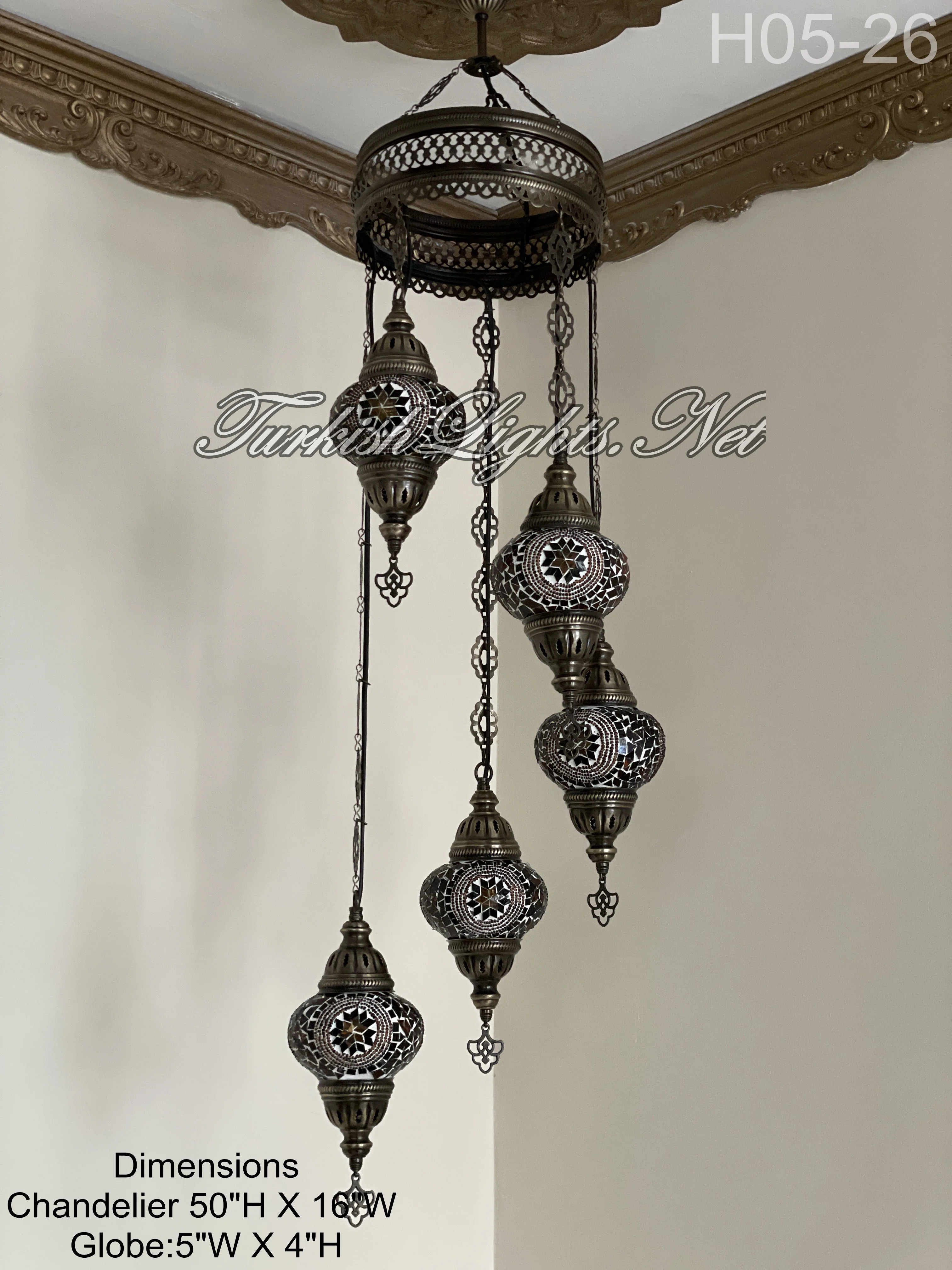 5 Ball Turkish Mosaic Chandelier - Water Drop Design with Medium Globes, ID: H05M-26 - Image 4