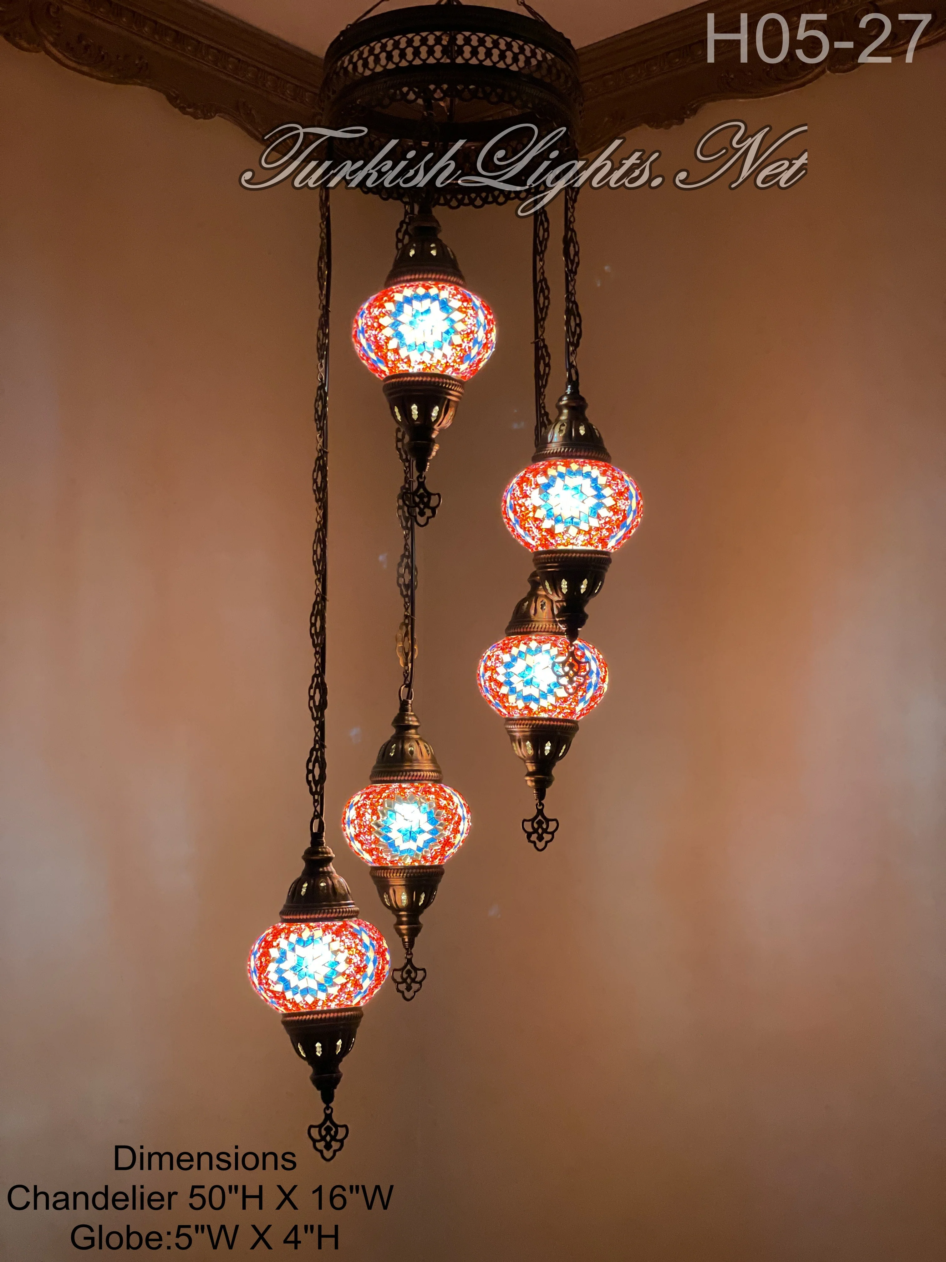 5 Ball Turkish Mosaic Chandelier - Water Drop Design with Medium Globes, ID: H05M-27