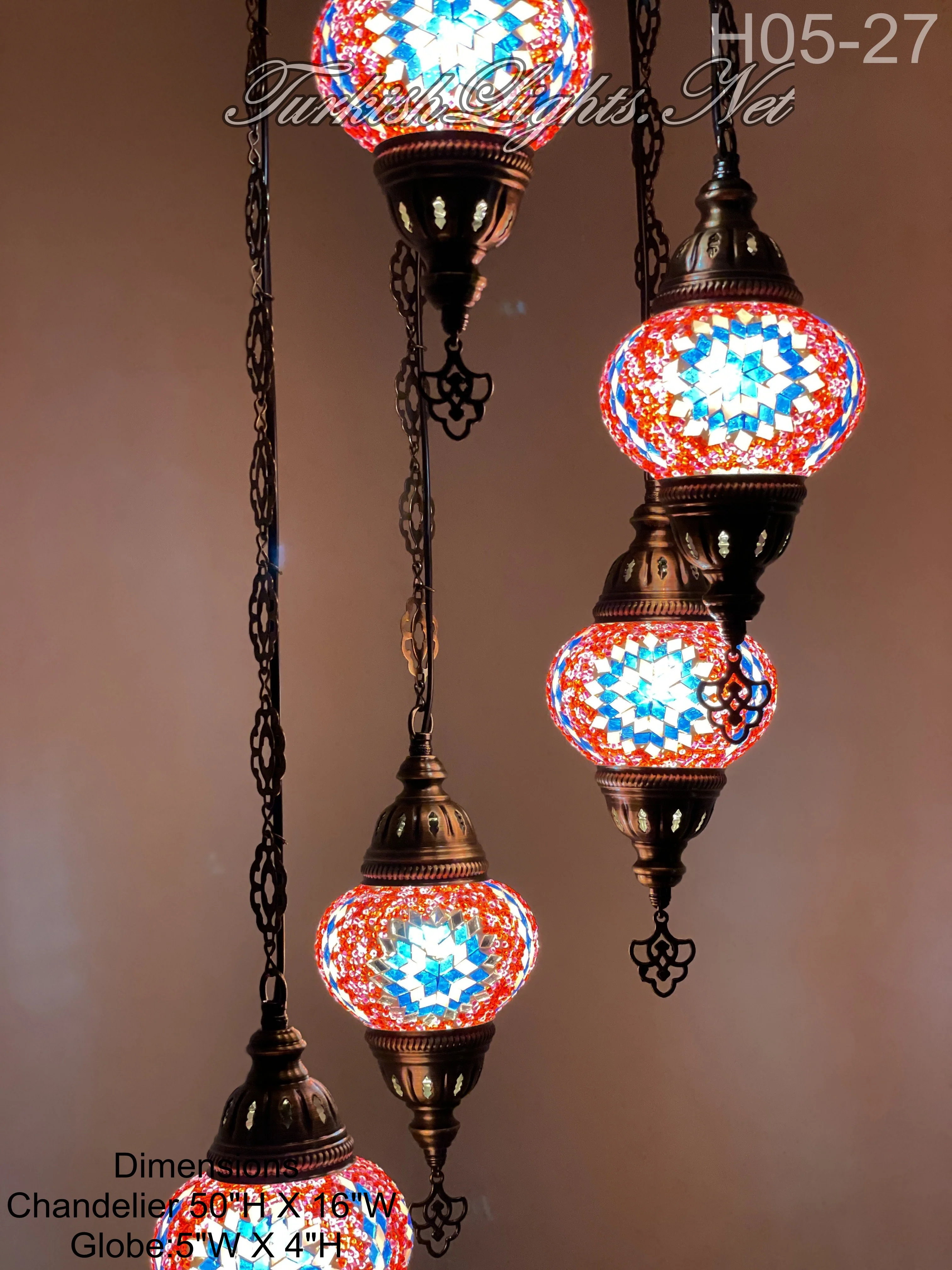 5 Ball Turkish Mosaic Chandelier - Water Drop Design with Medium Globes, ID: H05M-27 - Image 2