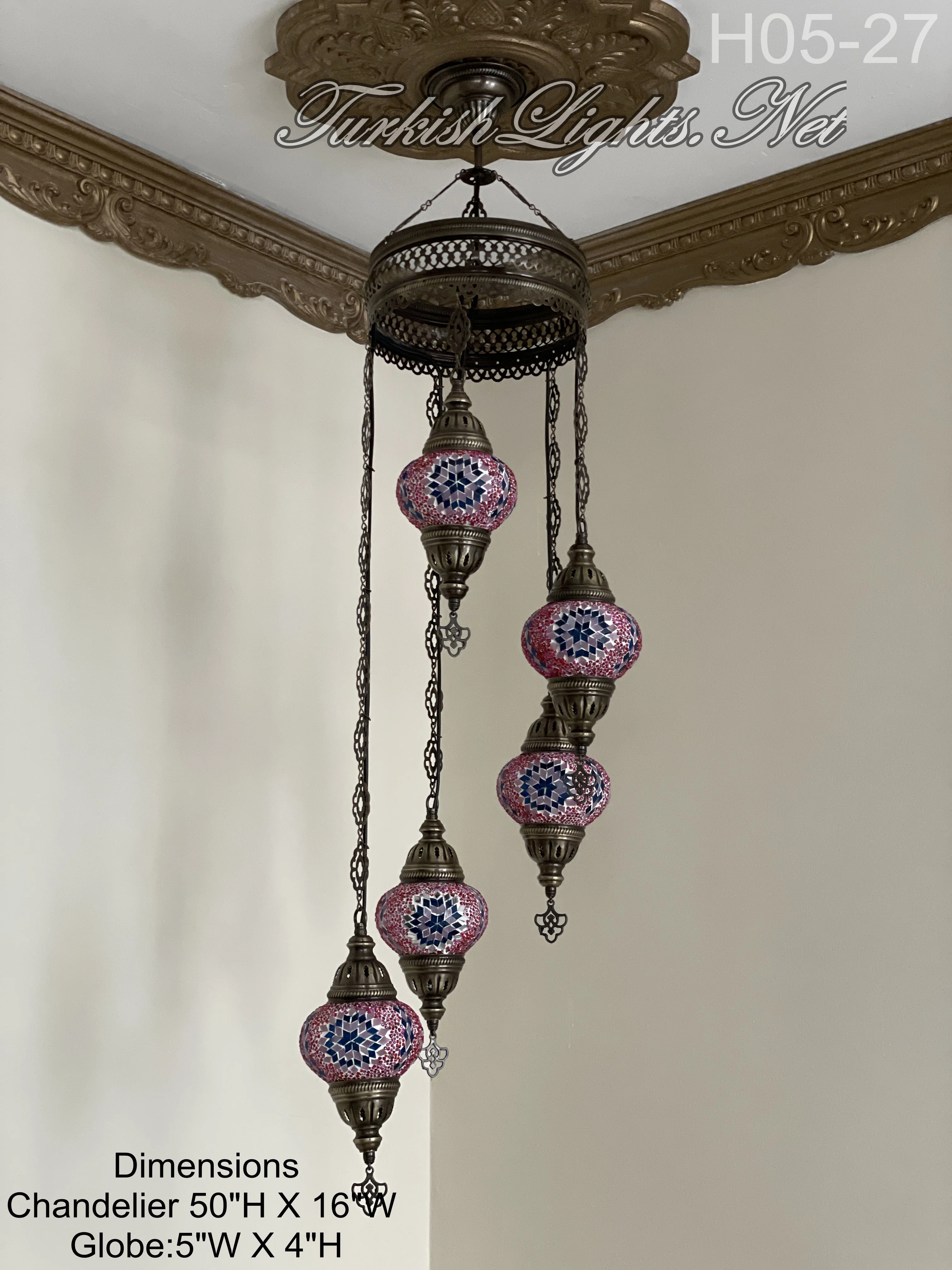 5 Ball Turkish Mosaic Chandelier - Water Drop Design with Medium Globes, ID: H05M-27 - Image 3
