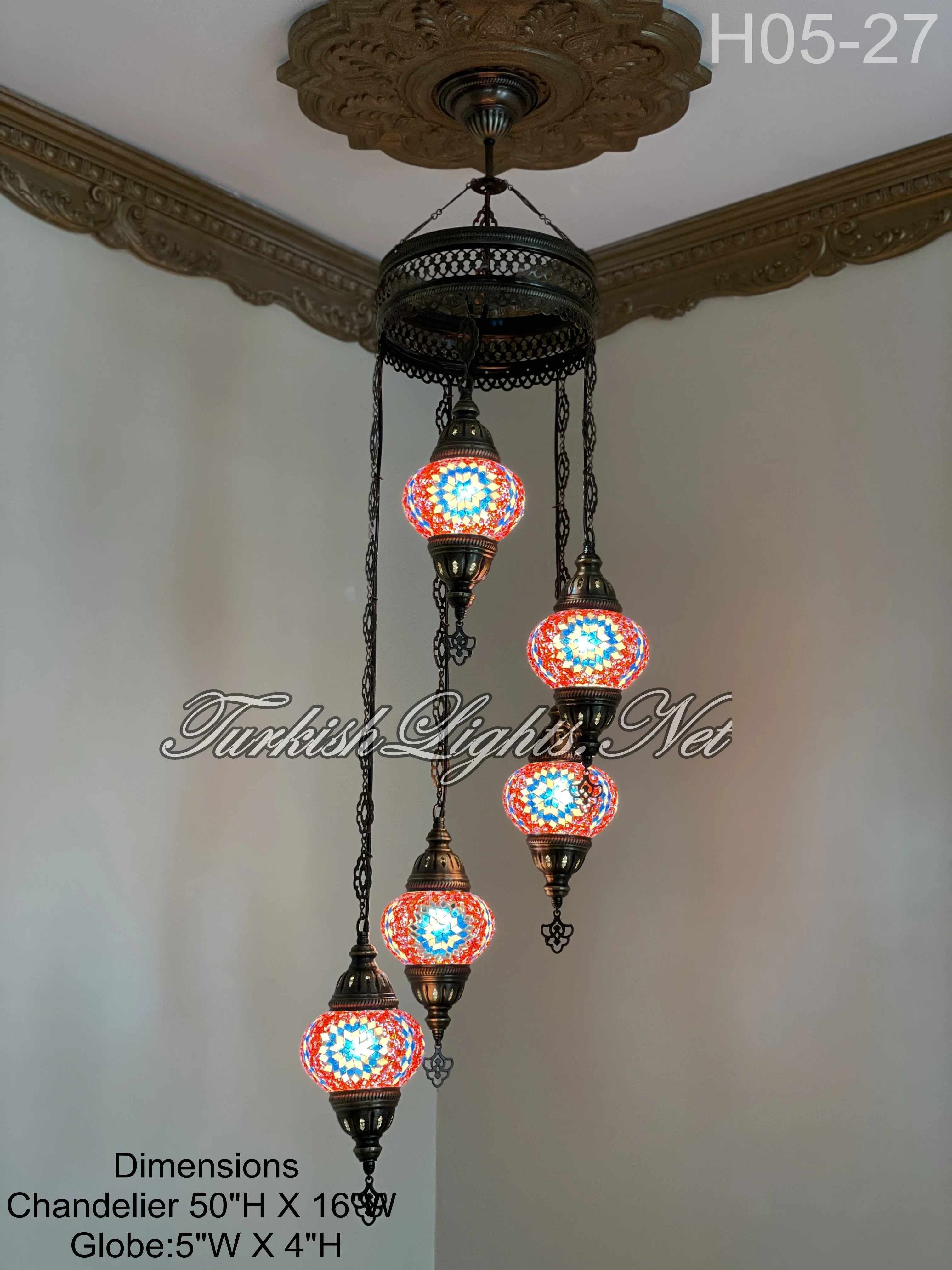 5 Ball Turkish Mosaic Chandelier - Water Drop Design with Medium Globes, ID: H05M-27 - Image 4