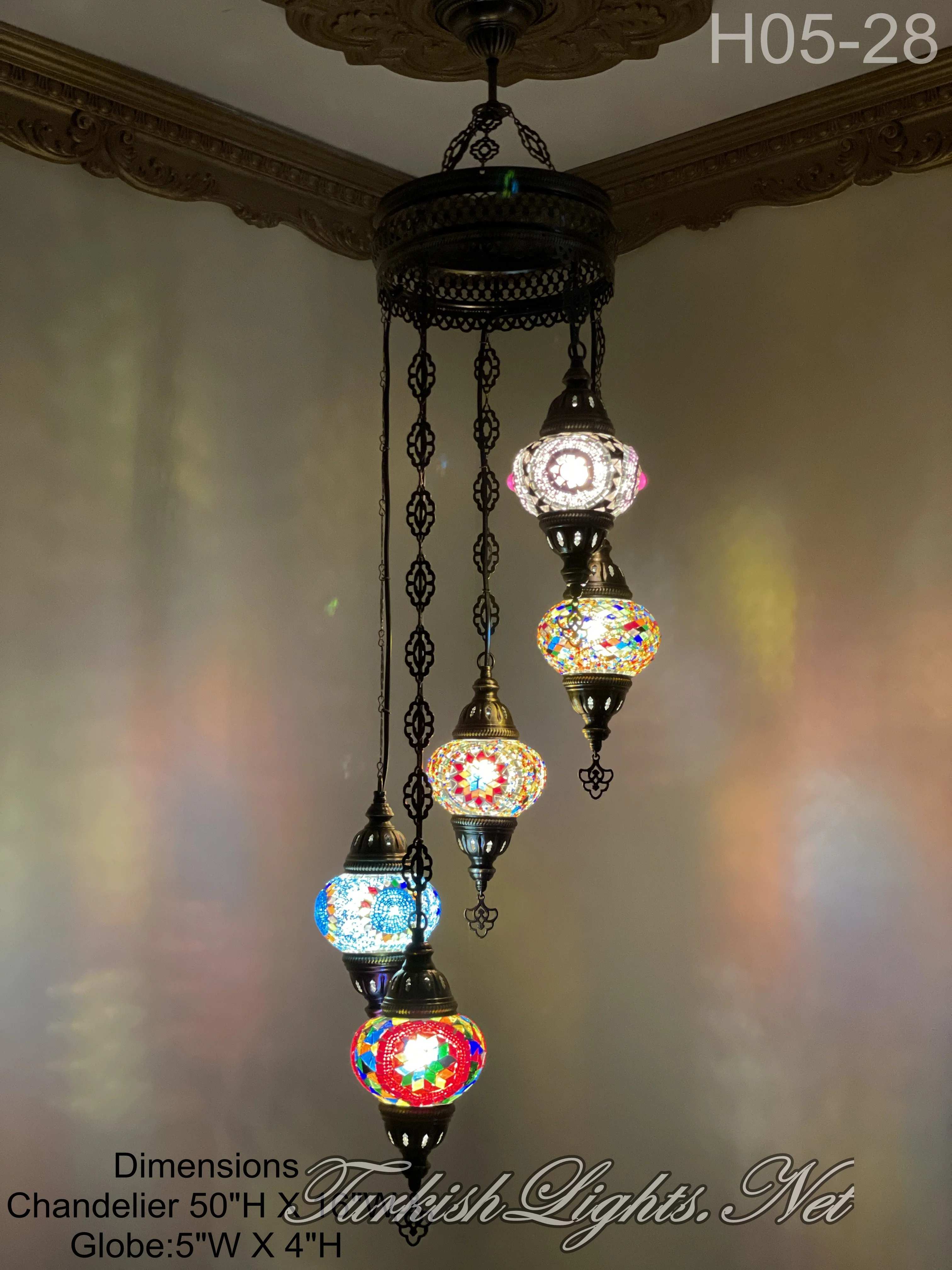 5 Ball Turkish Mosaic Chandelier - Water Drop Design with Medium Globes, ID: H05M-28