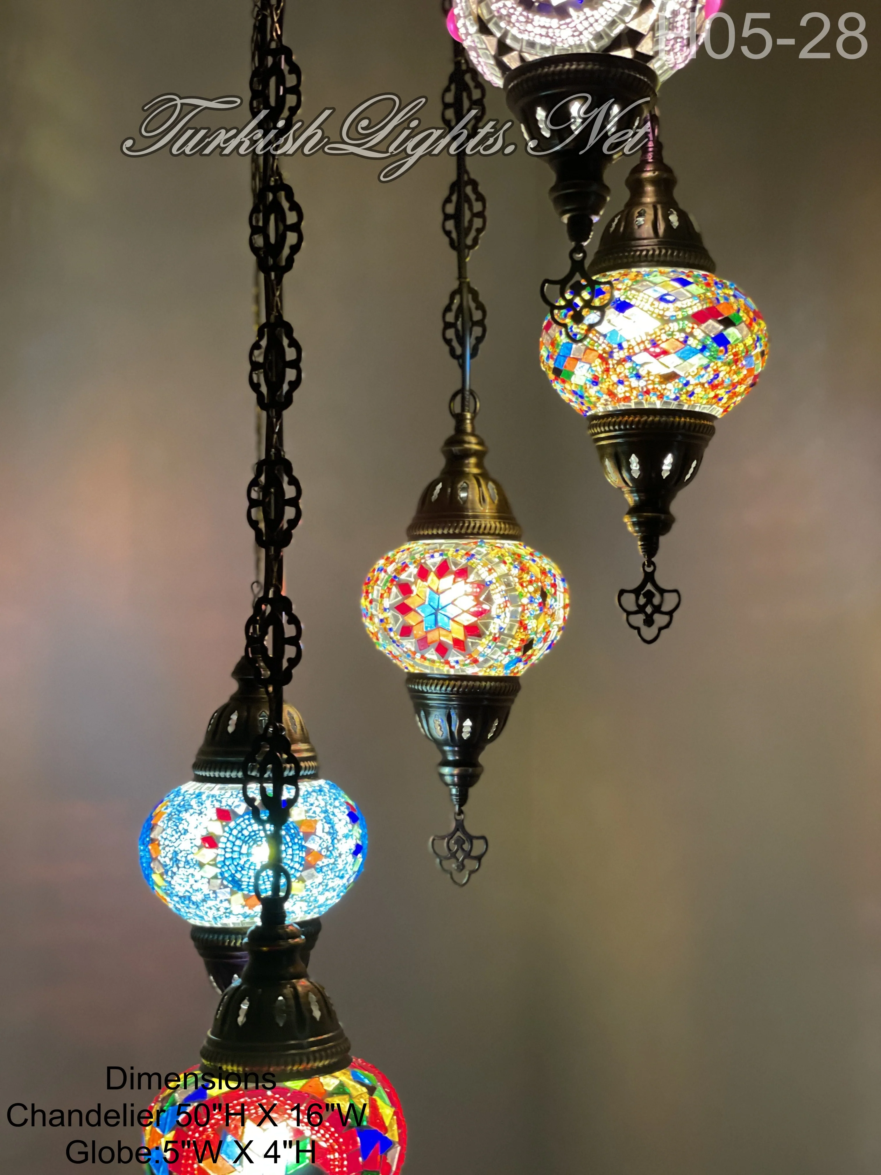 5 Ball Turkish Mosaic Chandelier - Water Drop Design with Medium Globes, ID: H05M-28 - Image 2