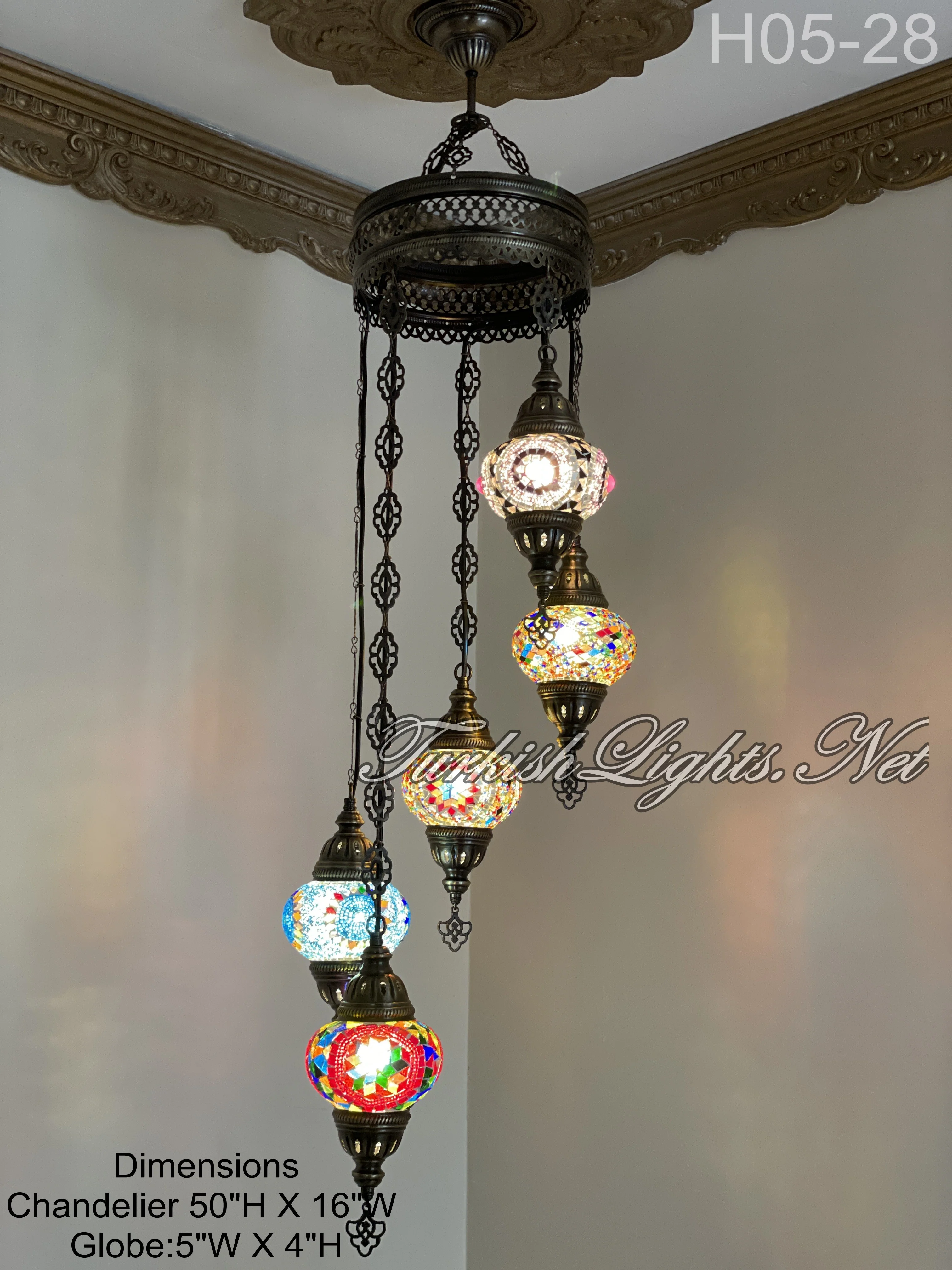 5 Ball Turkish Mosaic Chandelier - Water Drop Design with Medium Globes, ID: H05M-28 - Image 4