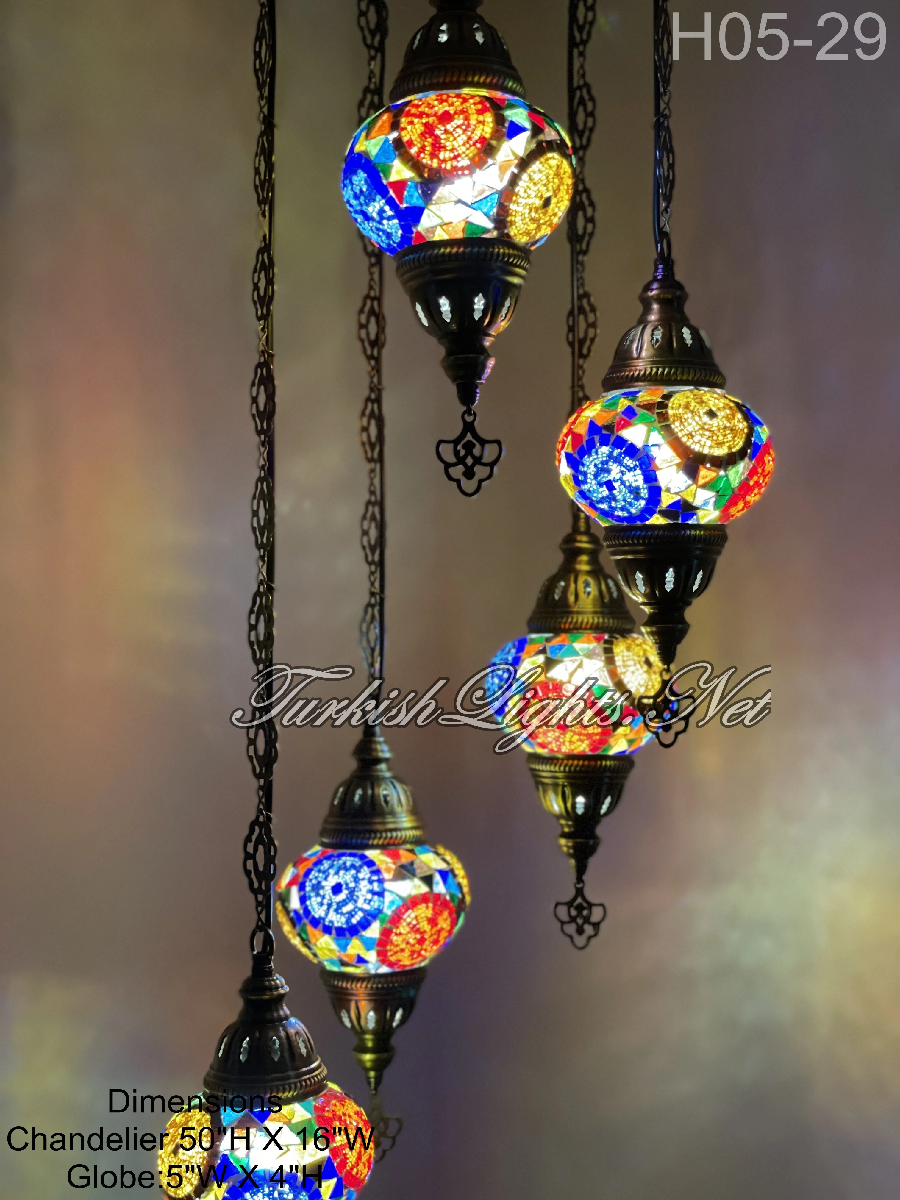 5 Ball Turkish Mosaic Chandelier - Water Drop Design with Medium Globes, ID: H05M-29 - Image 2