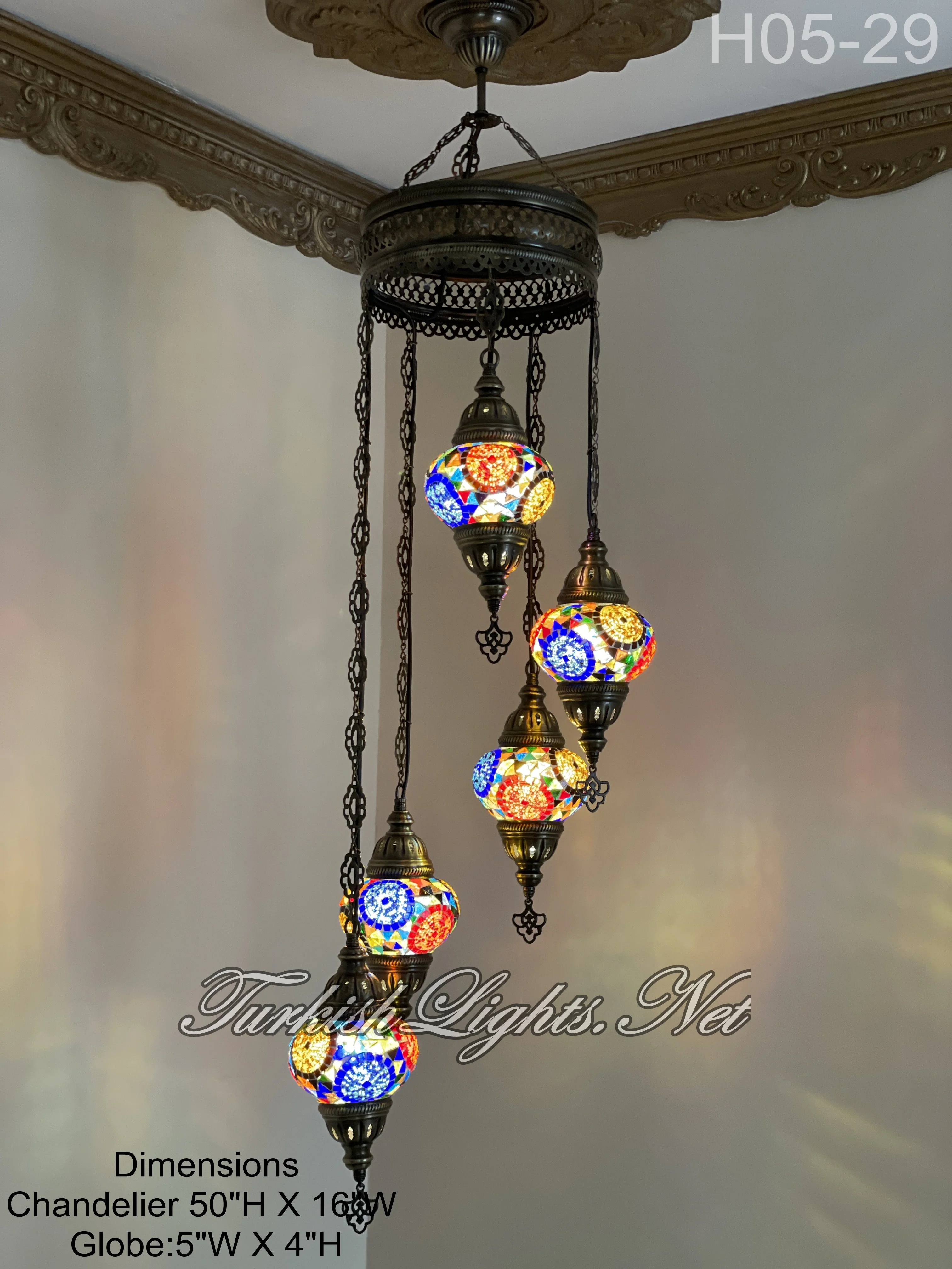 5 Ball Turkish Mosaic Chandelier - Water Drop Design with Medium Globes, ID: H05M-29 - Image 3