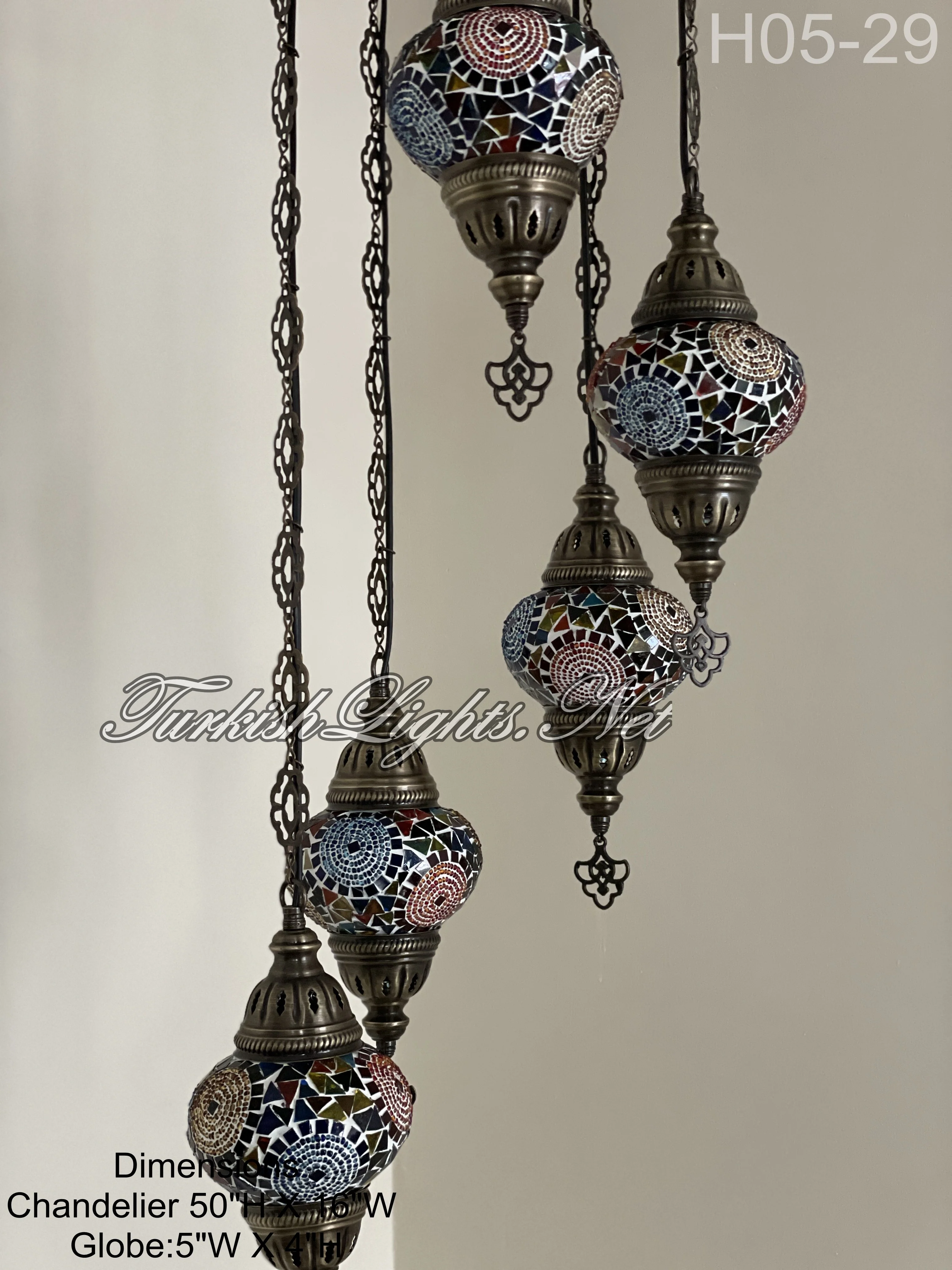 5 Ball Turkish Mosaic Chandelier - Water Drop Design with Medium Globes, ID: H05M-29 - Image 4