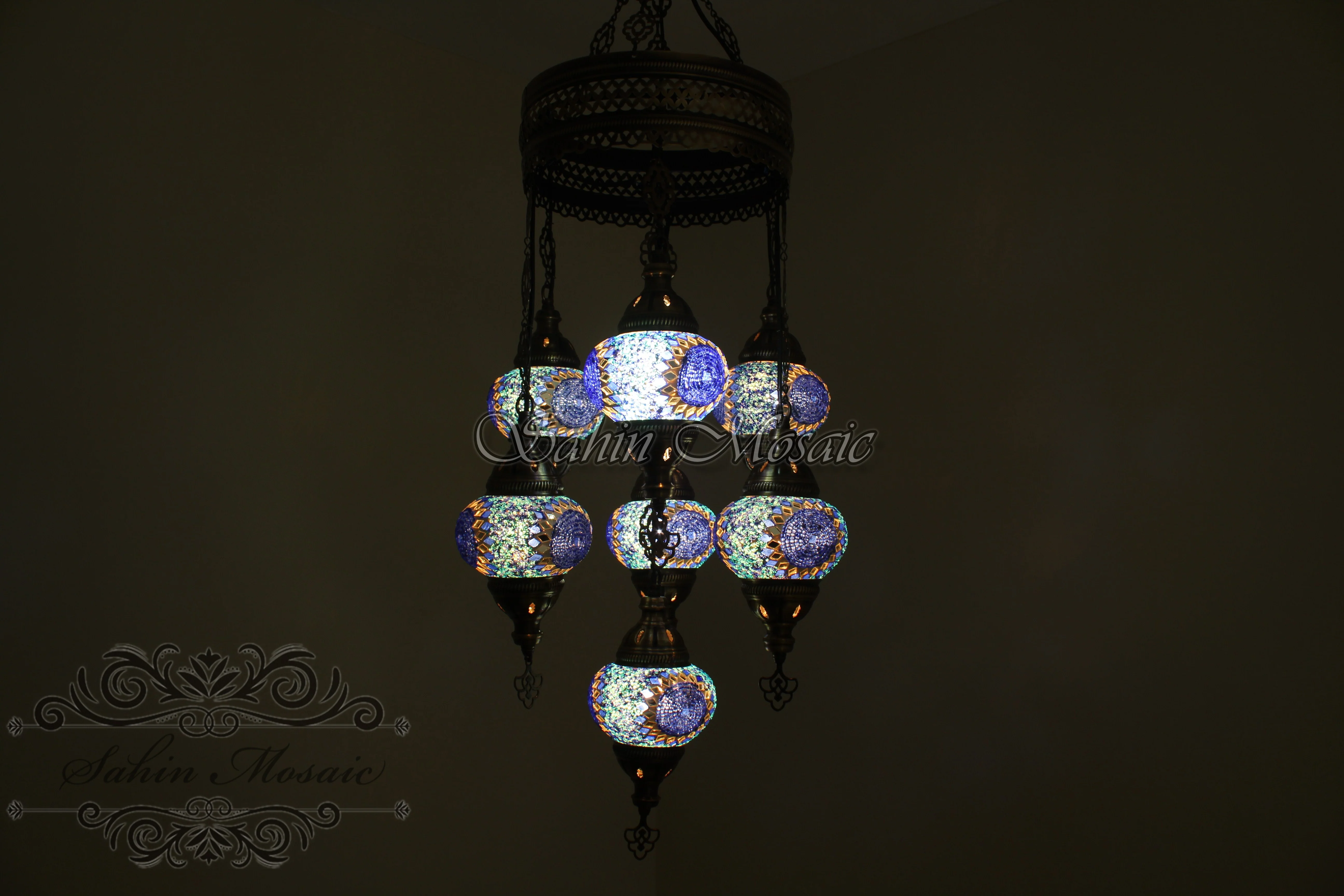 7 Ball Turkish Mosaic Chandelier - Handmade Sultan Design with Medium Globes, ID: S7M-9 - Image 3