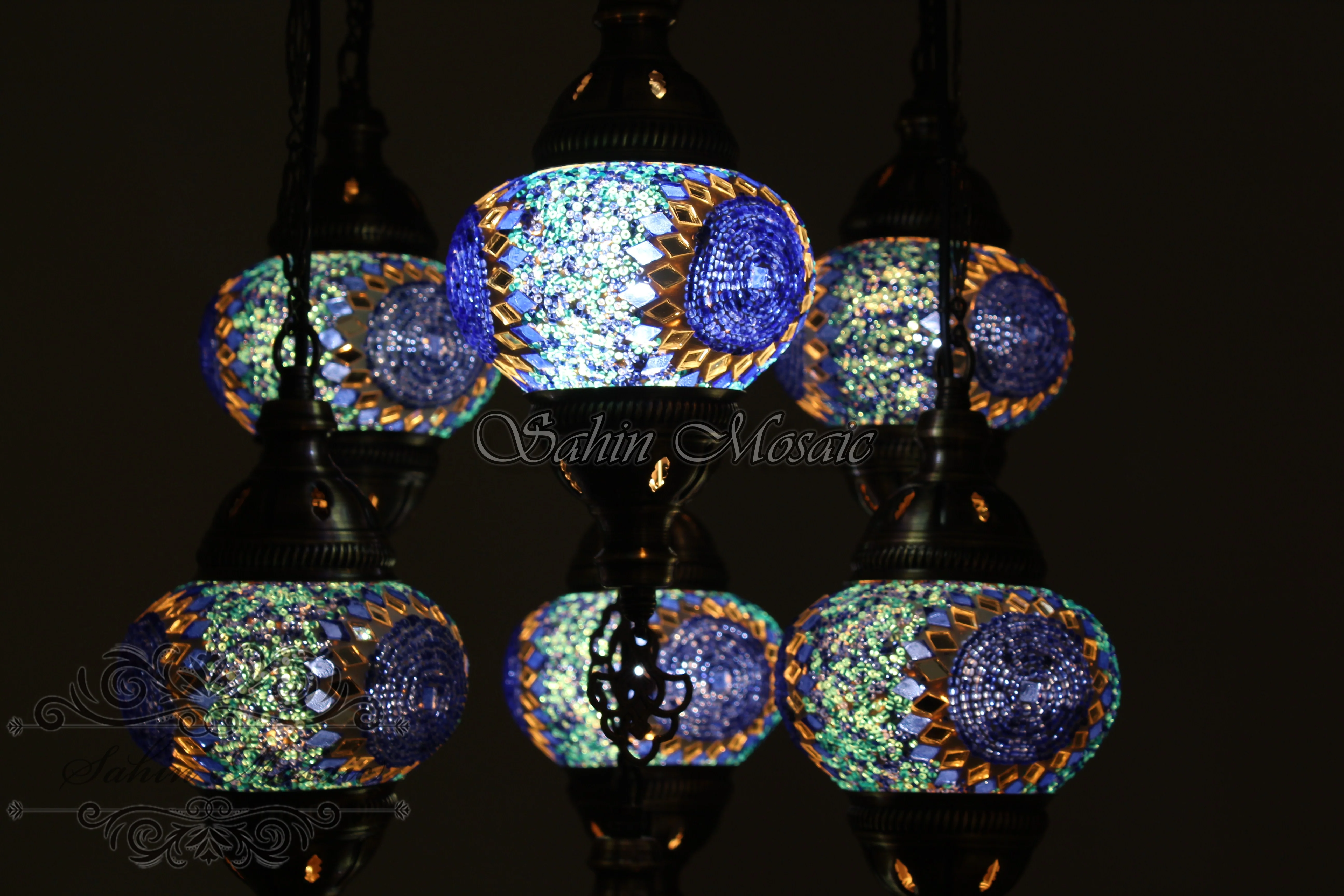 7 Ball Turkish Mosaic Chandelier - Handmade Sultan Design with Medium Globes, ID: S7M-9 - Image 4