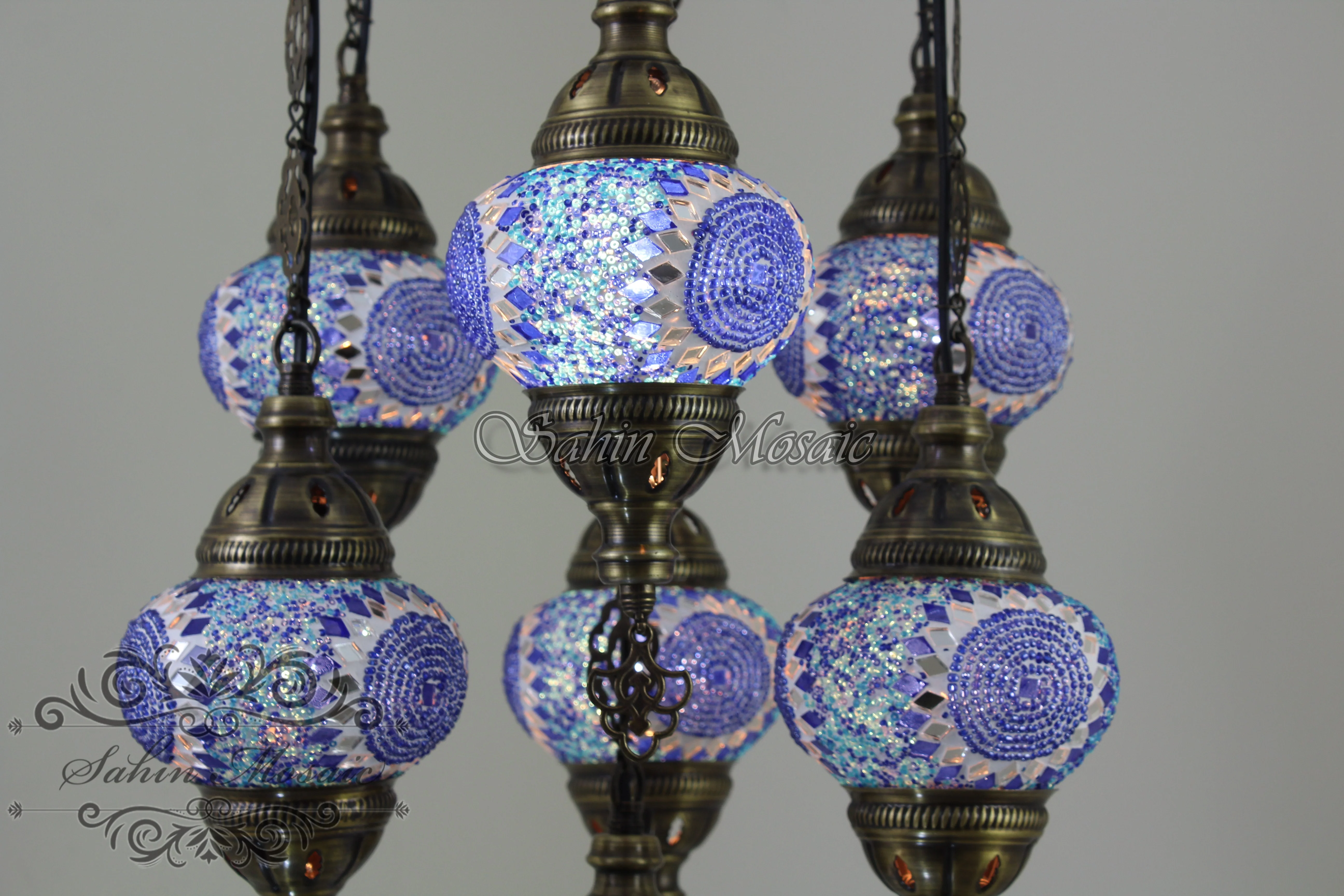 7 Ball Turkish Mosaic Chandelier - Handmade Sultan Design with Medium Globes, ID: S7M-9 - Image 5
