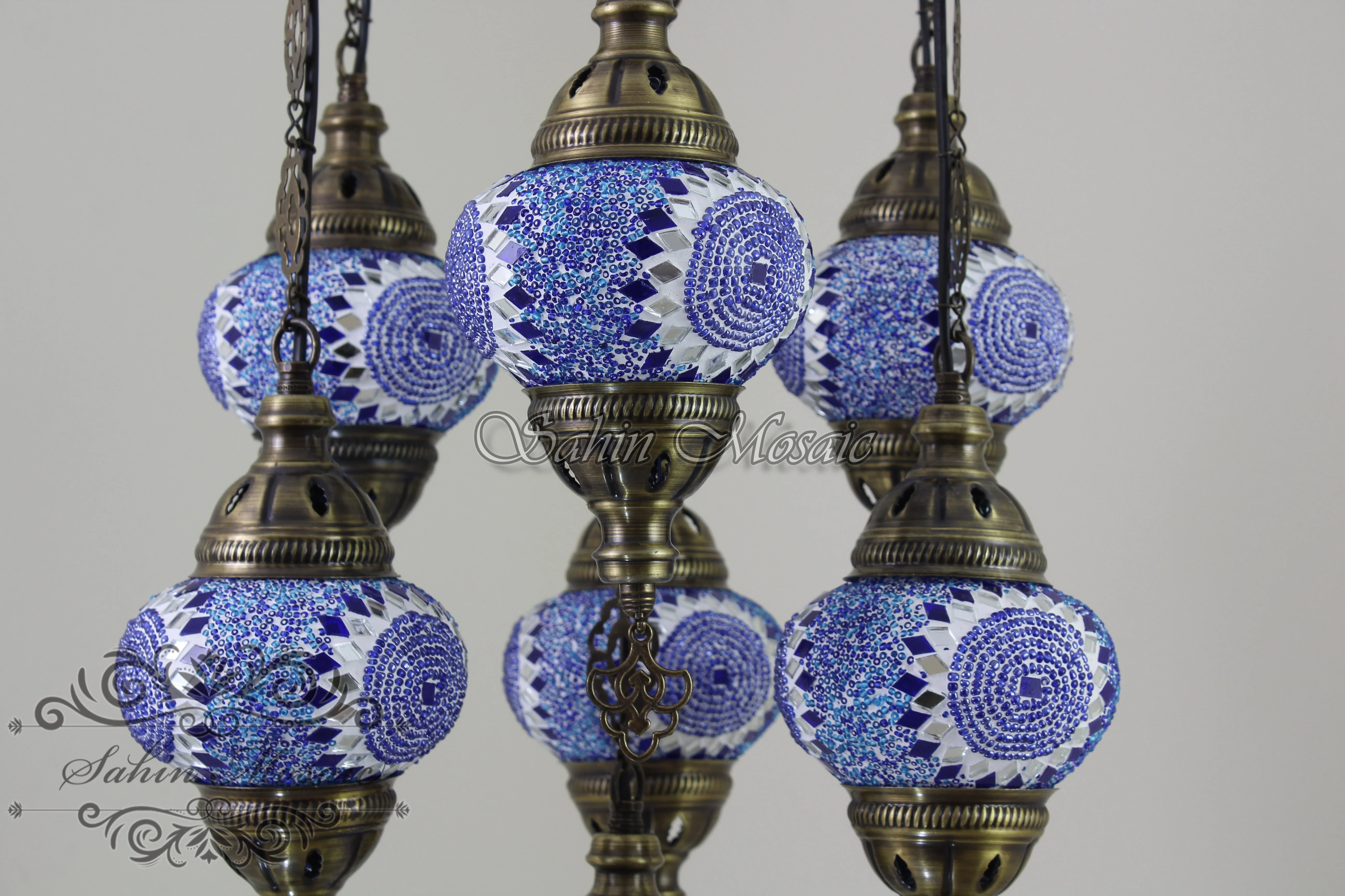 7 Ball Turkish Mosaic Chandelier - Handmade Sultan Design with Medium Globes, ID: S7M-9 - Image 6