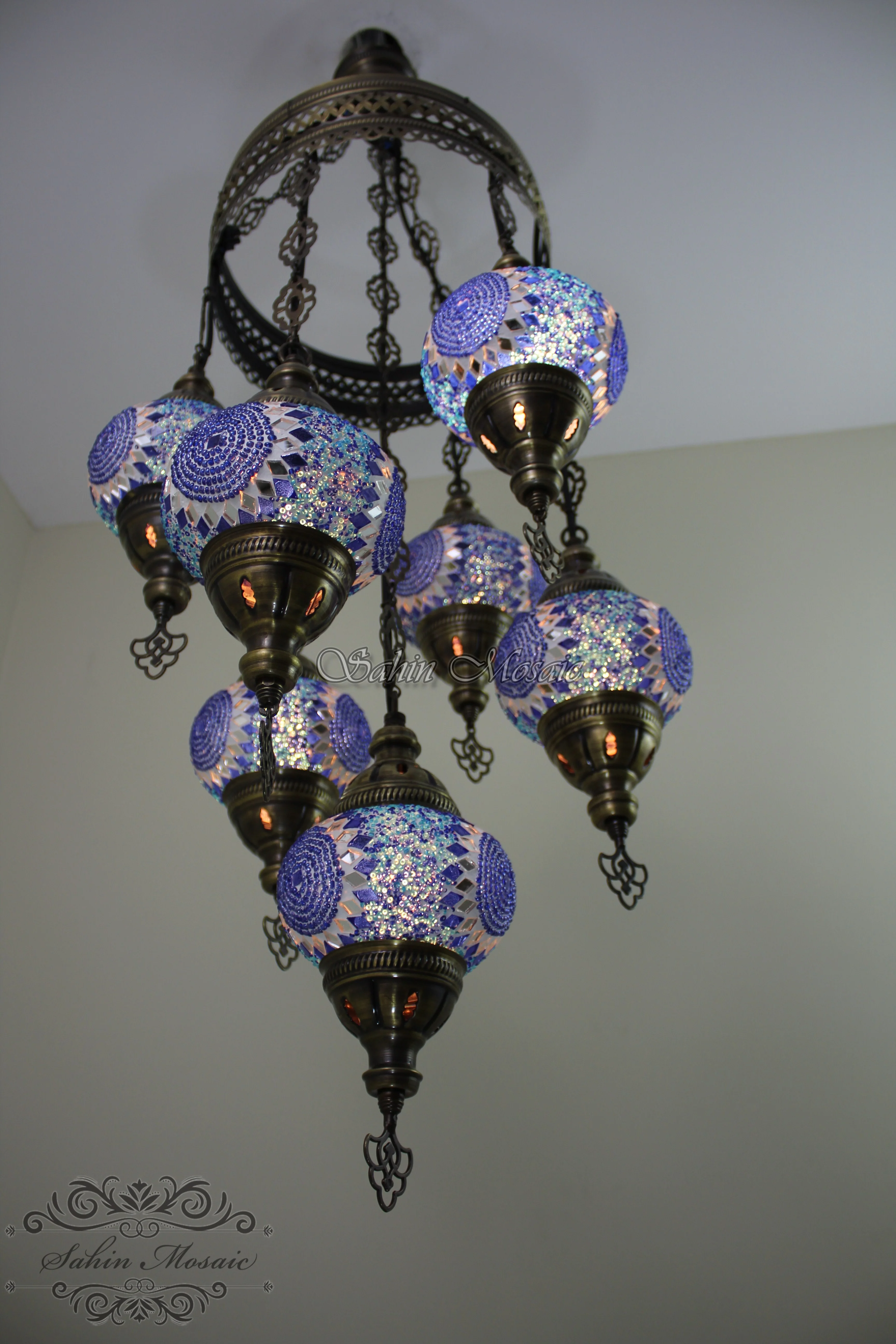 7 Ball Turkish Mosaic Chandelier - Handmade Sultan Design with Medium Globes, ID: S7M-9 - Image 7