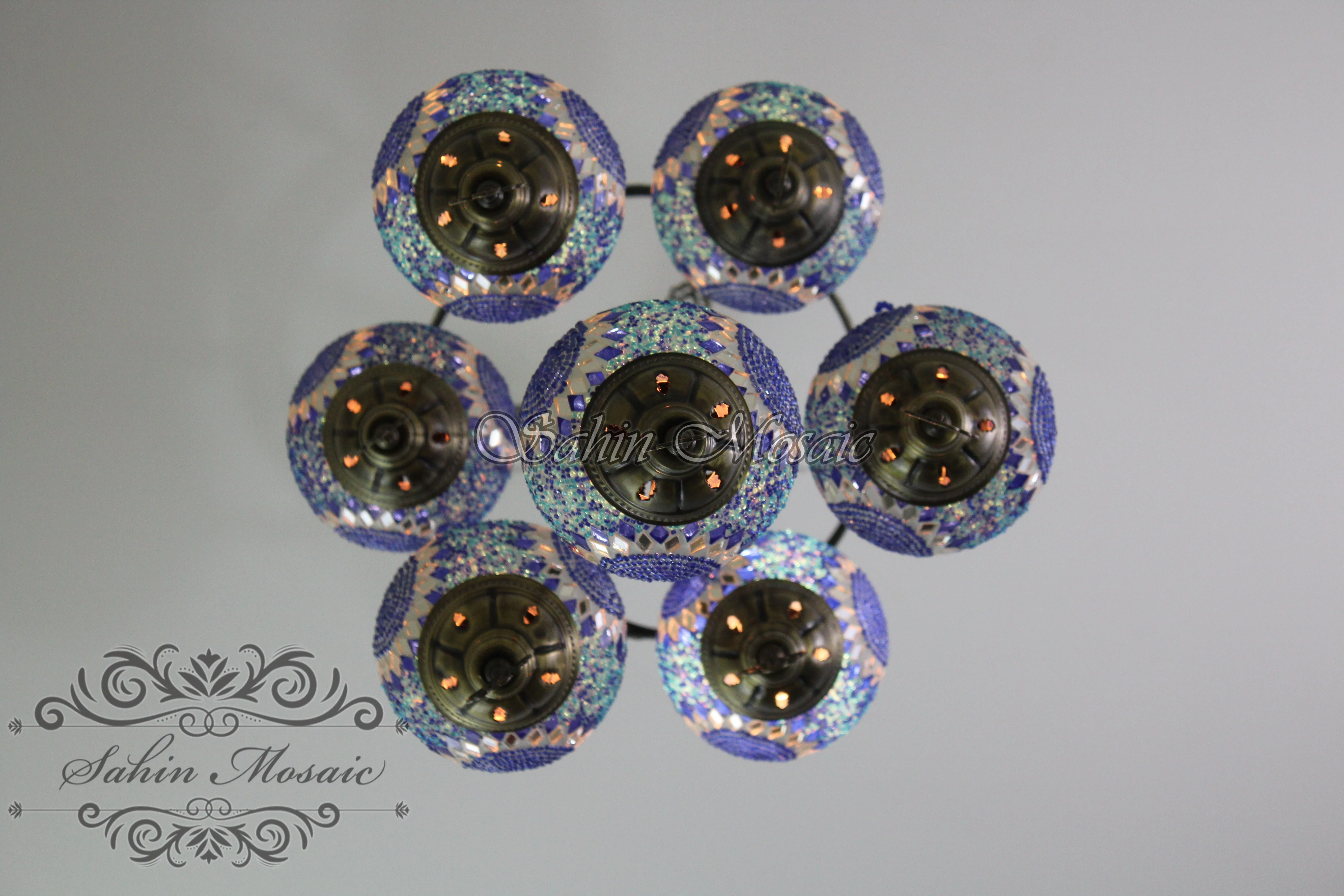 7 Ball Turkish Mosaic Chandelier - Handmade Sultan Design with Medium Globes, ID: S7M-9 - Image 8