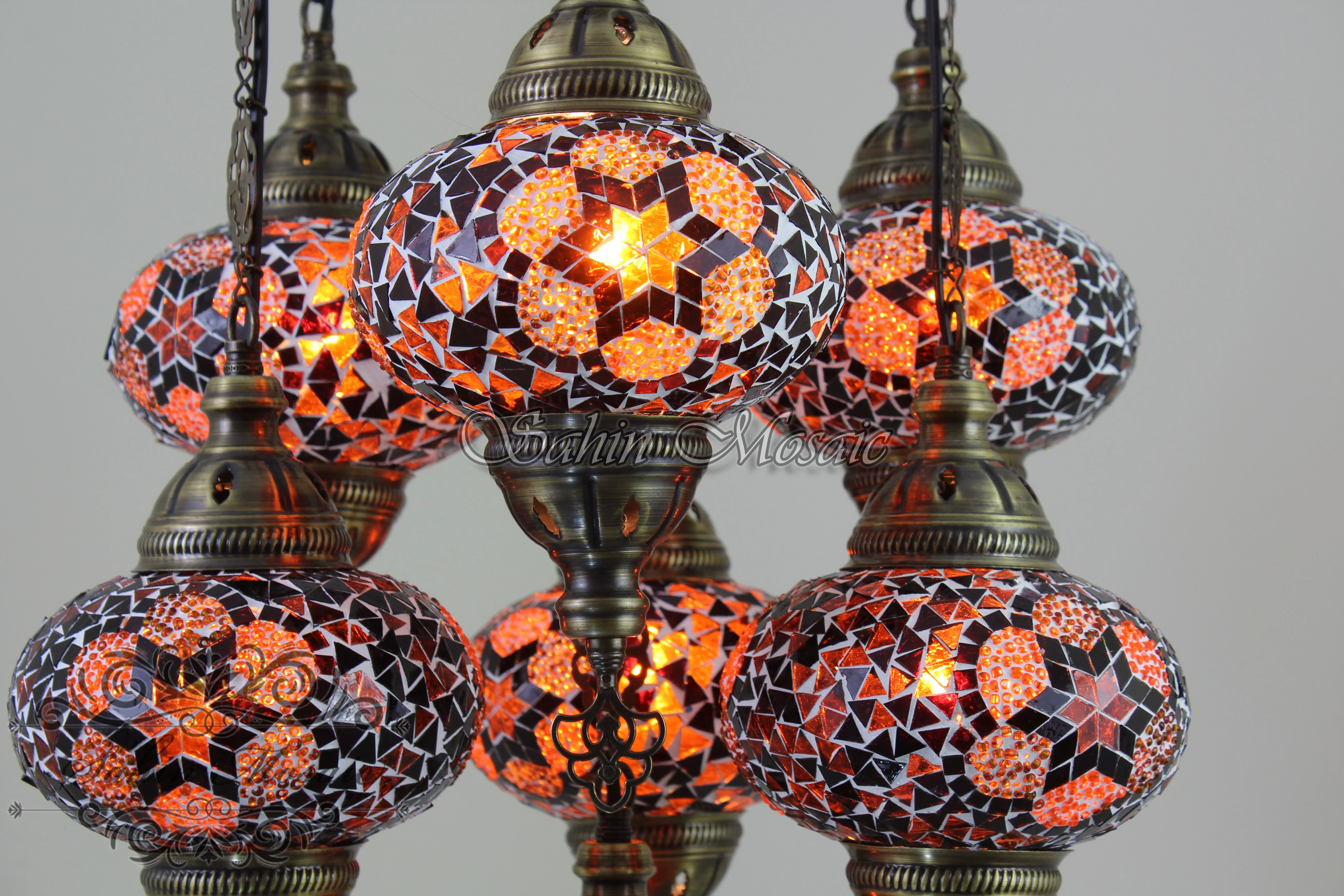 7 Ball Turkish Mosaic Chandelier - Handmade Sultan Design with Large Globes, ID: S7L-7
