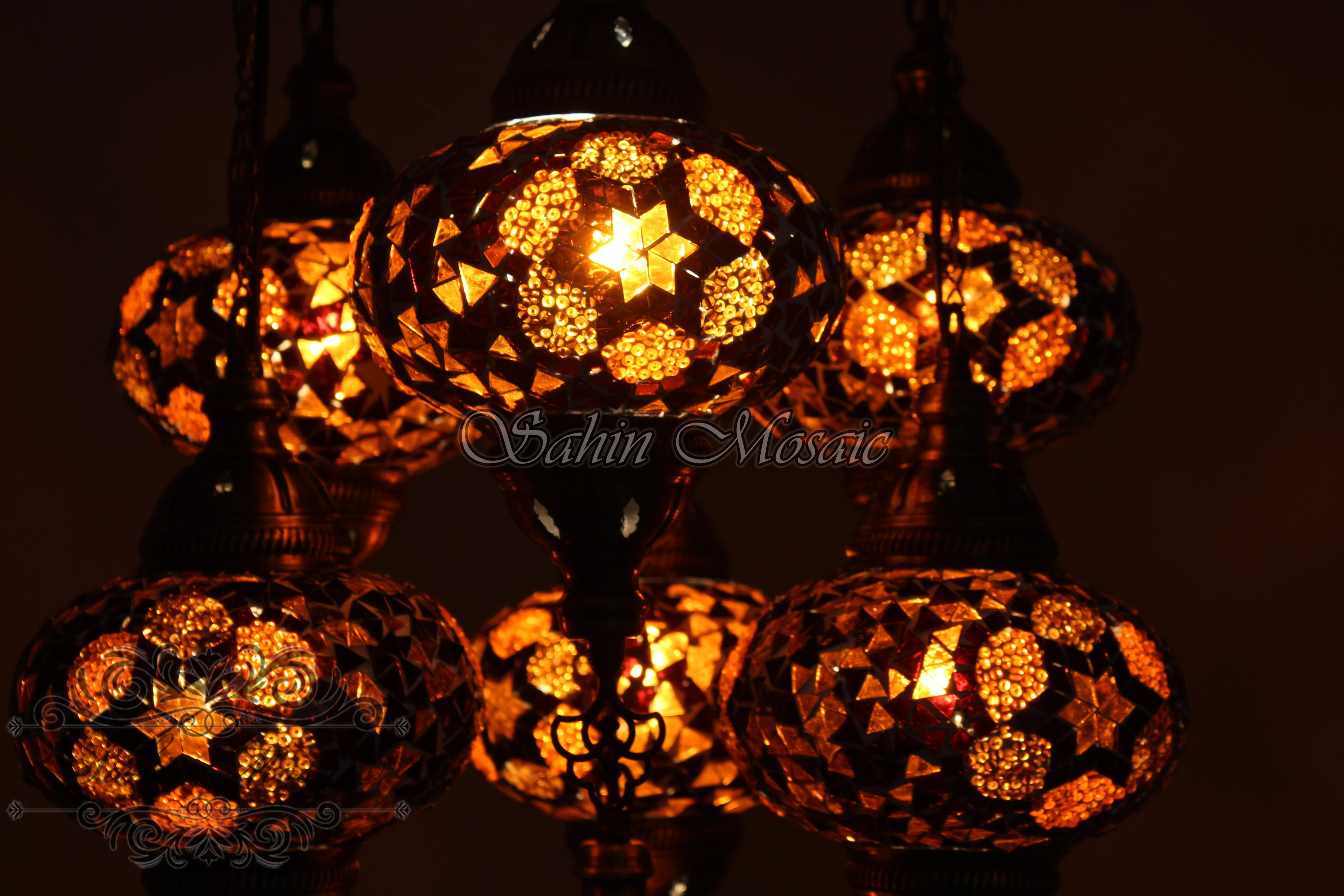 7 Ball Turkish Mosaic Chandelier - Handmade Sultan Design with Large Globes, ID: S7L-7 - Image 4