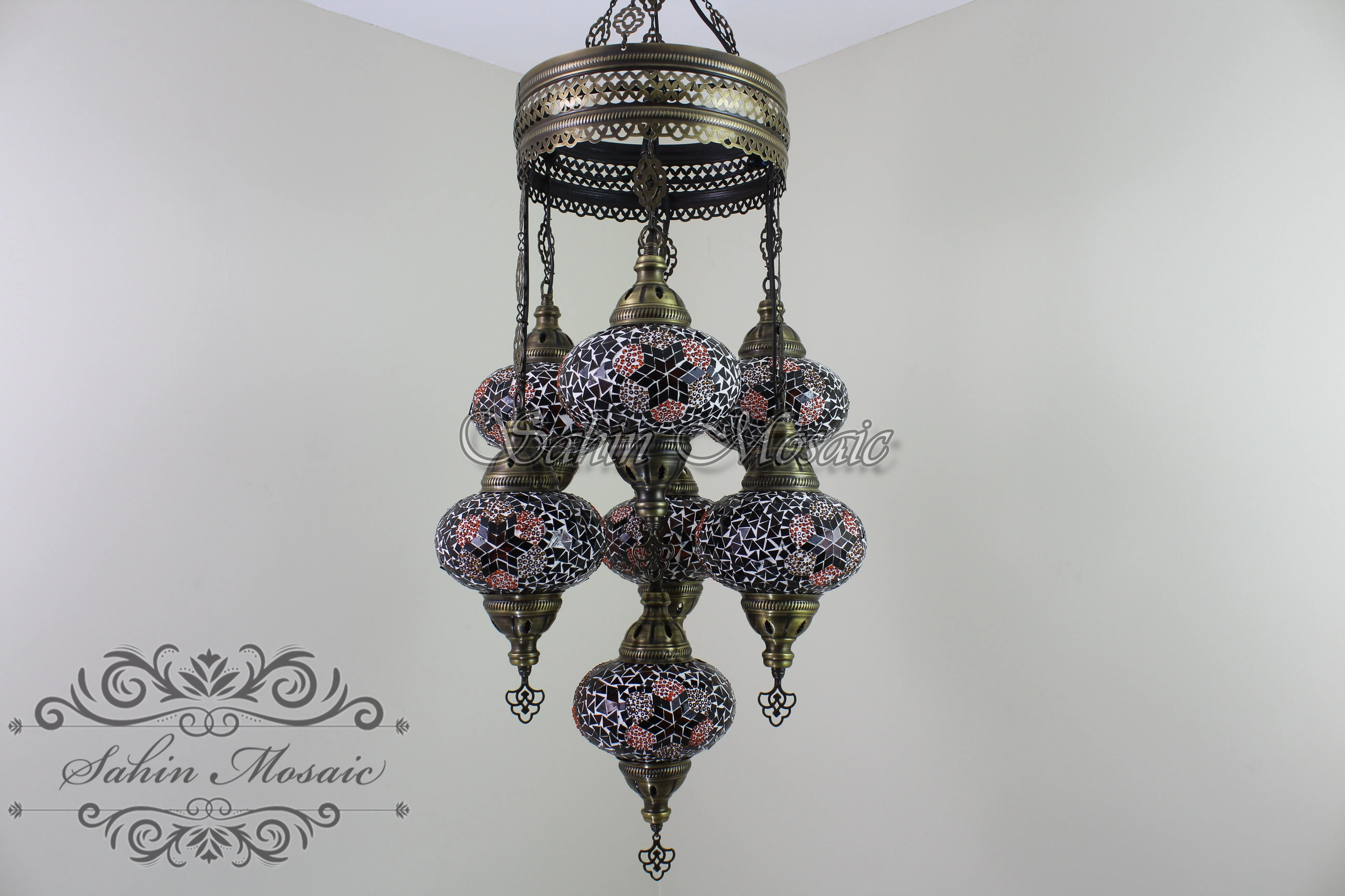 7 Ball Turkish Mosaic Chandelier - Handmade Sultan Design with Large Globes, ID: S7L-7 - Image 7