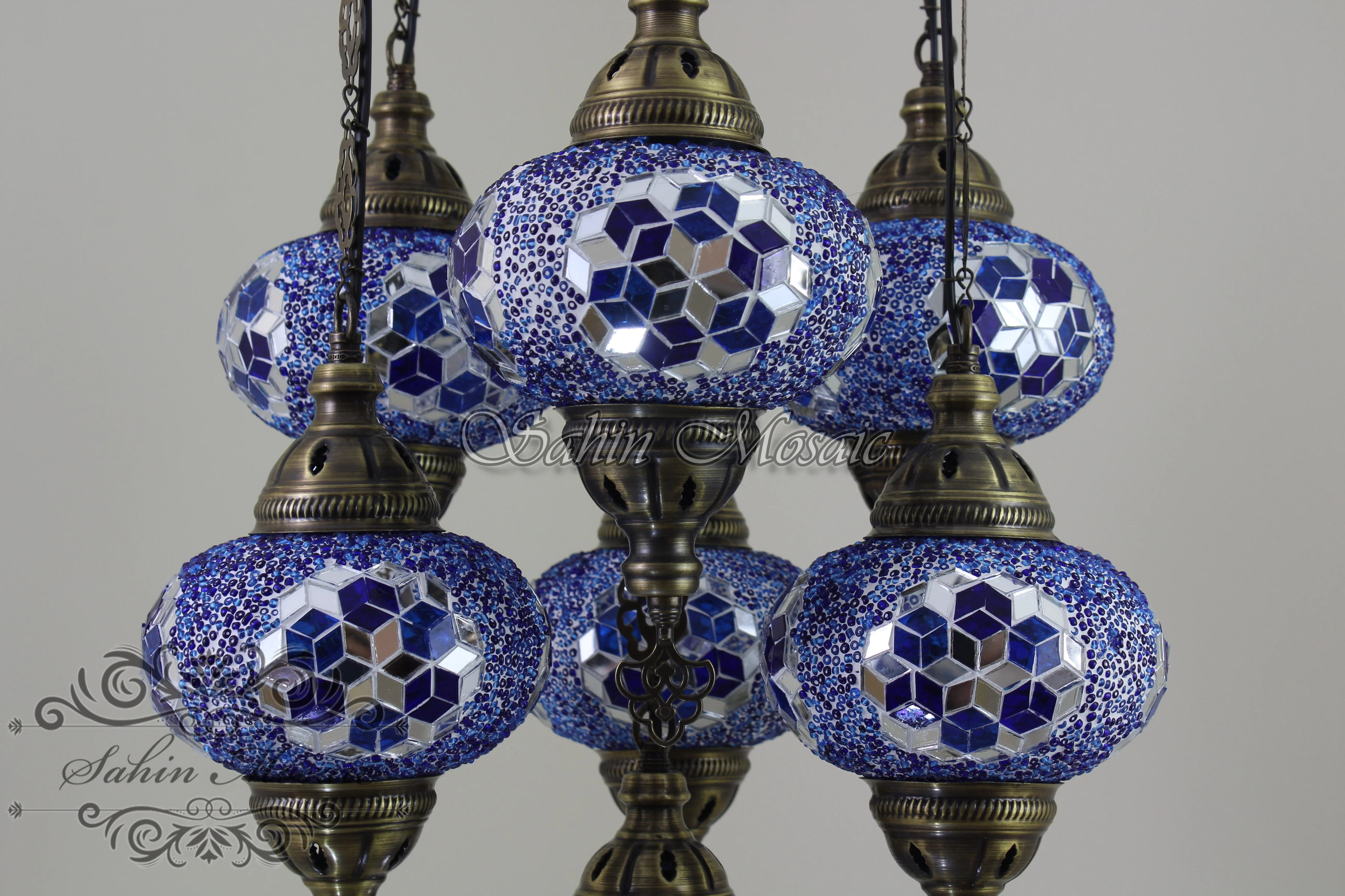 7 Ball Turkish Mosaic Chandelier - Handmade Sultan Design with Large Globes, ID: S7L-6