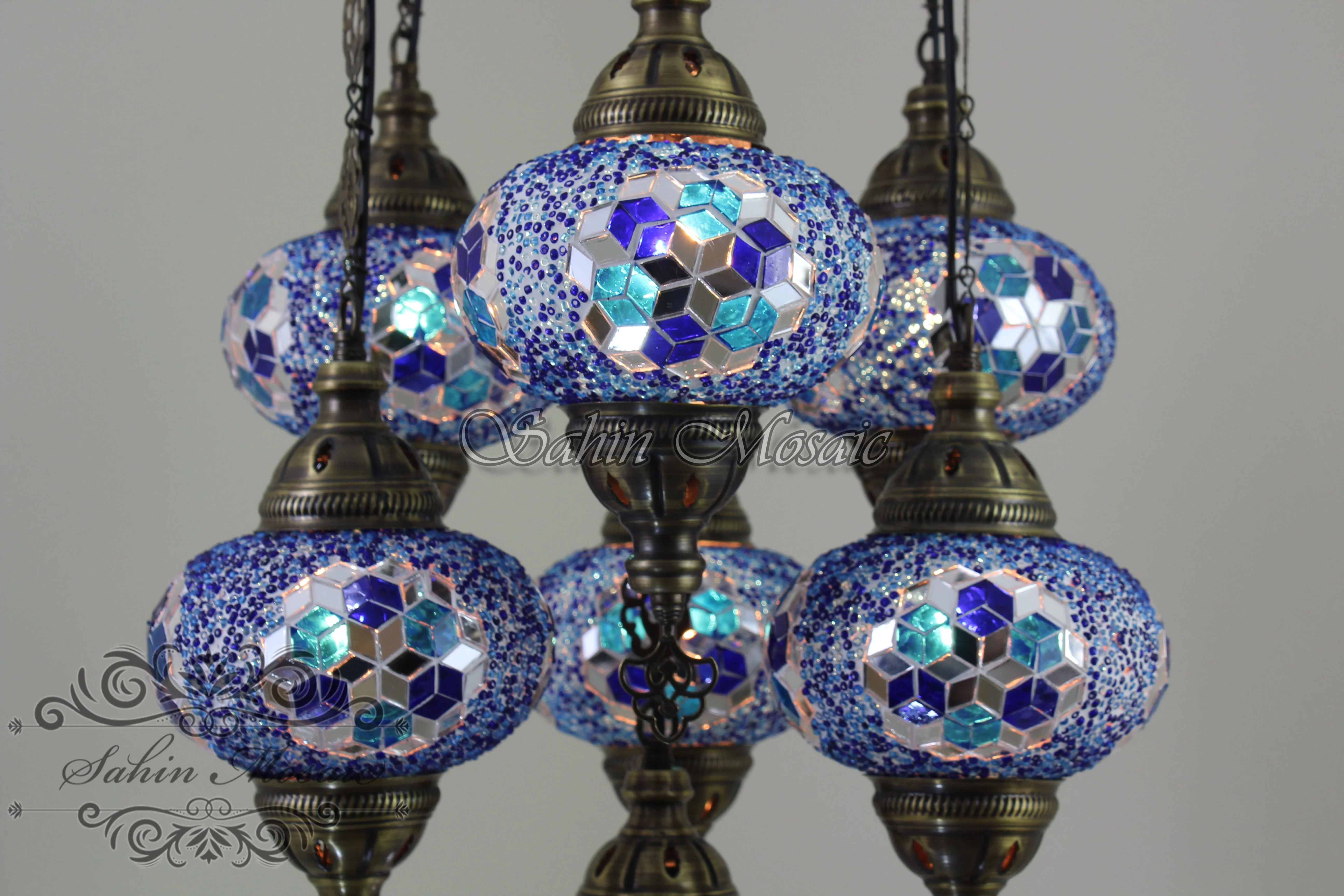 7 Ball Turkish Mosaic Chandelier - Handmade Sultan Design with Large Globes, ID: S7L-6 - Image 2