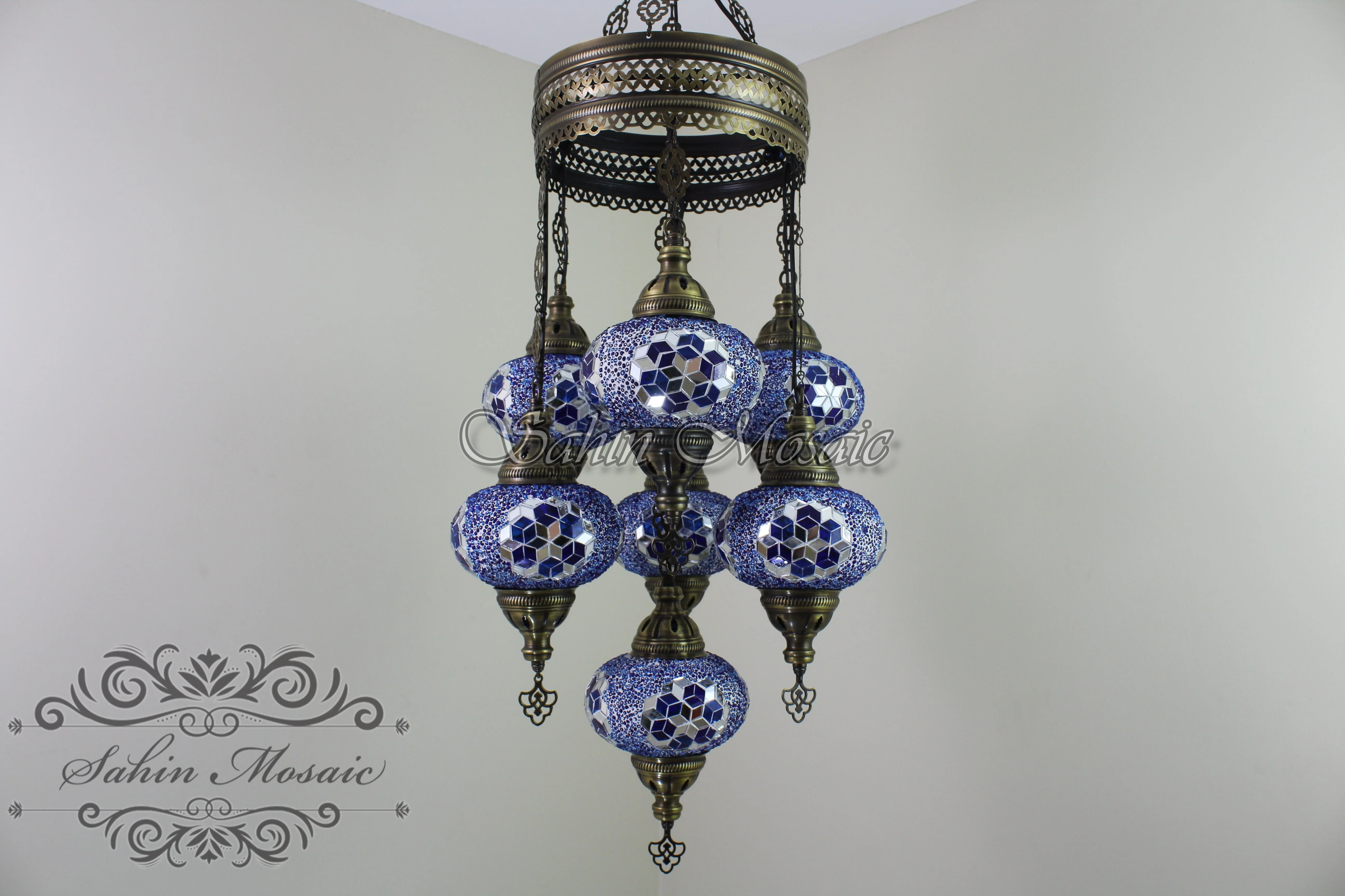 7 Ball Turkish Mosaic Chandelier - Handmade Sultan Design with Large Globes, ID: S7L-6 - Image 3