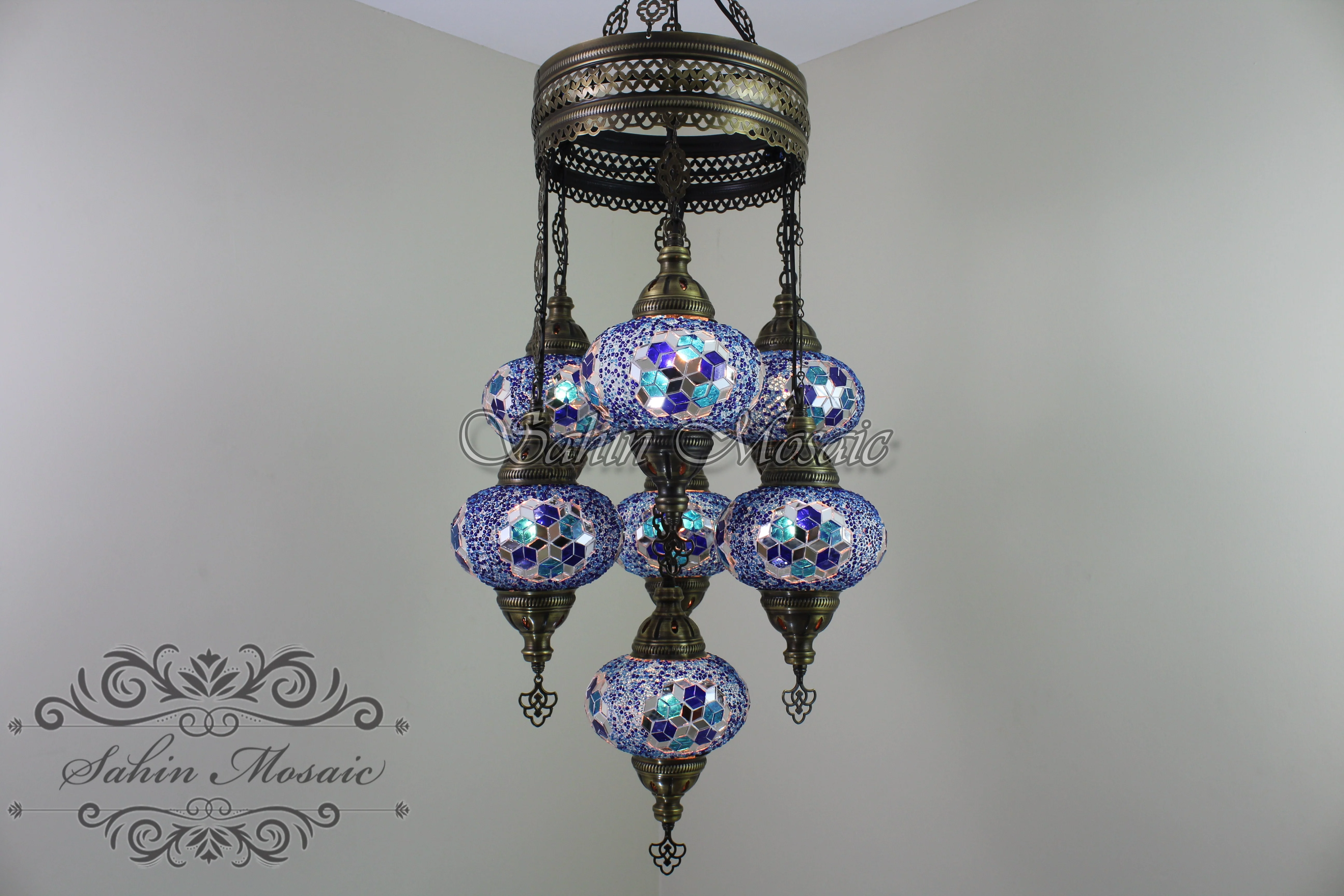 7 Ball Turkish Mosaic Chandelier - Handmade Sultan Design with Large Globes, ID: S7L-6 - Image 4