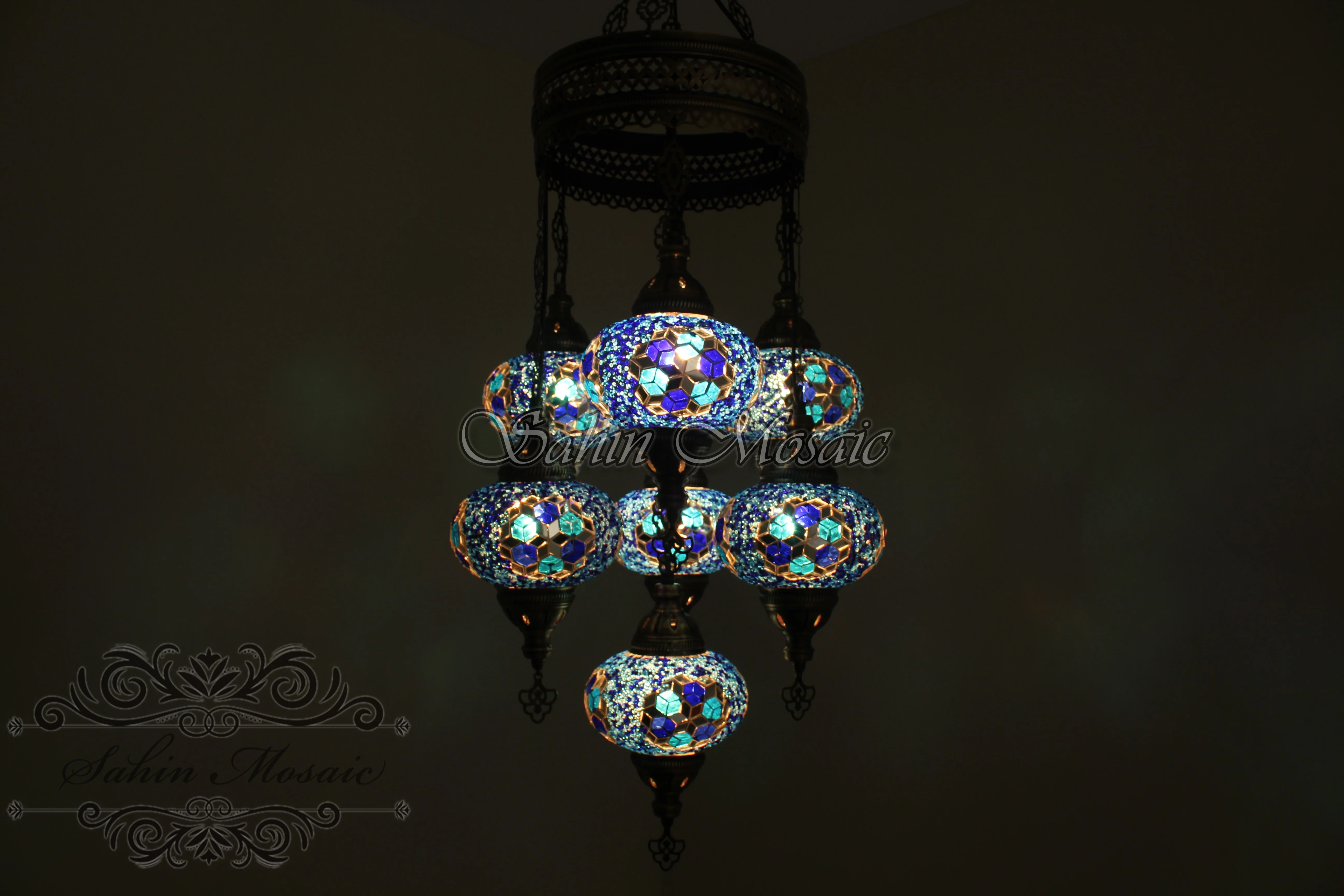 7 Ball Turkish Mosaic Chandelier - Handmade Sultan Design with Large Globes, ID: S7L-6 - Image 5