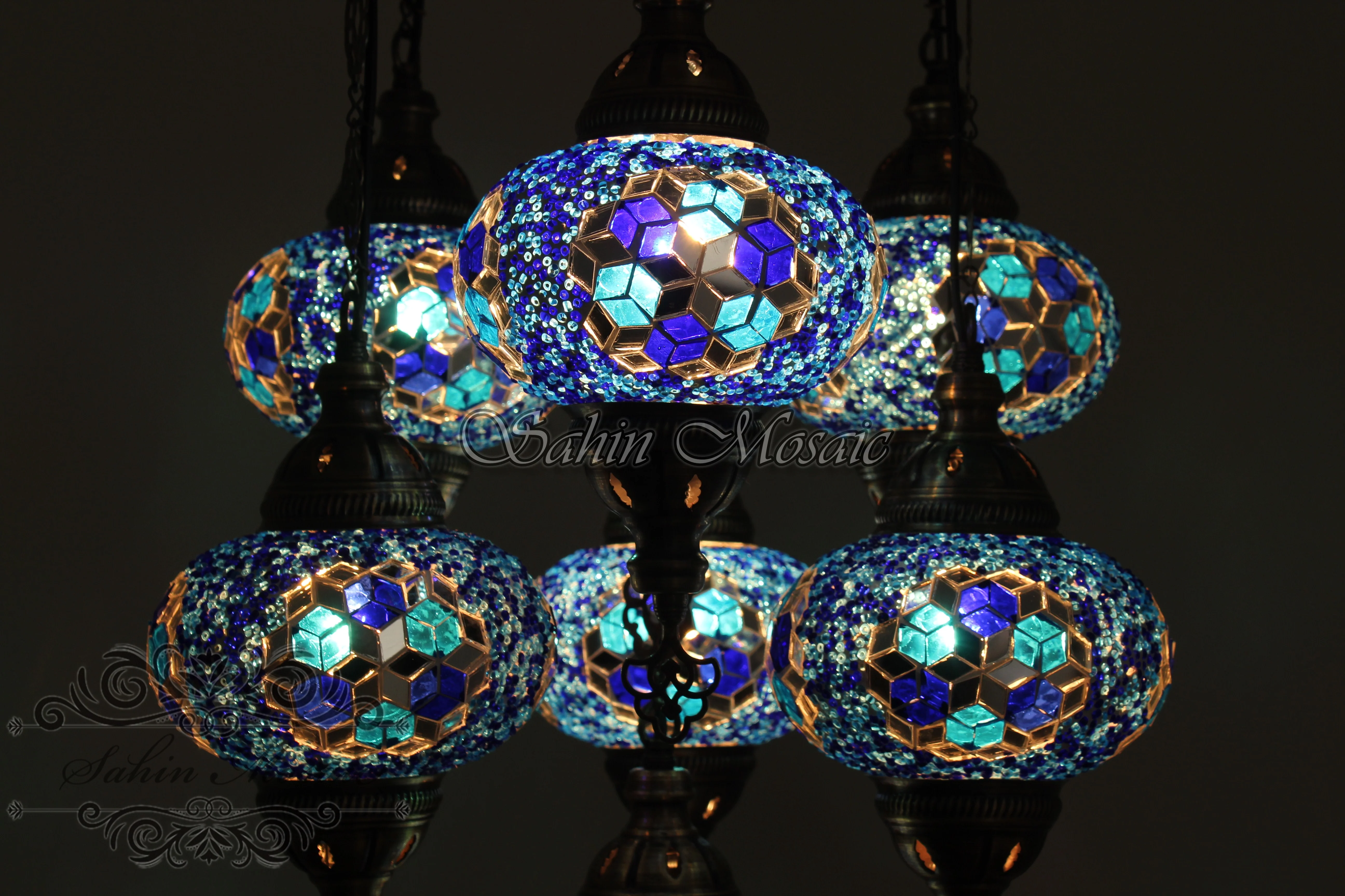 7 Ball Turkish Mosaic Chandelier - Handmade Sultan Design with Large Globes, ID: S7L-6 - Image 6